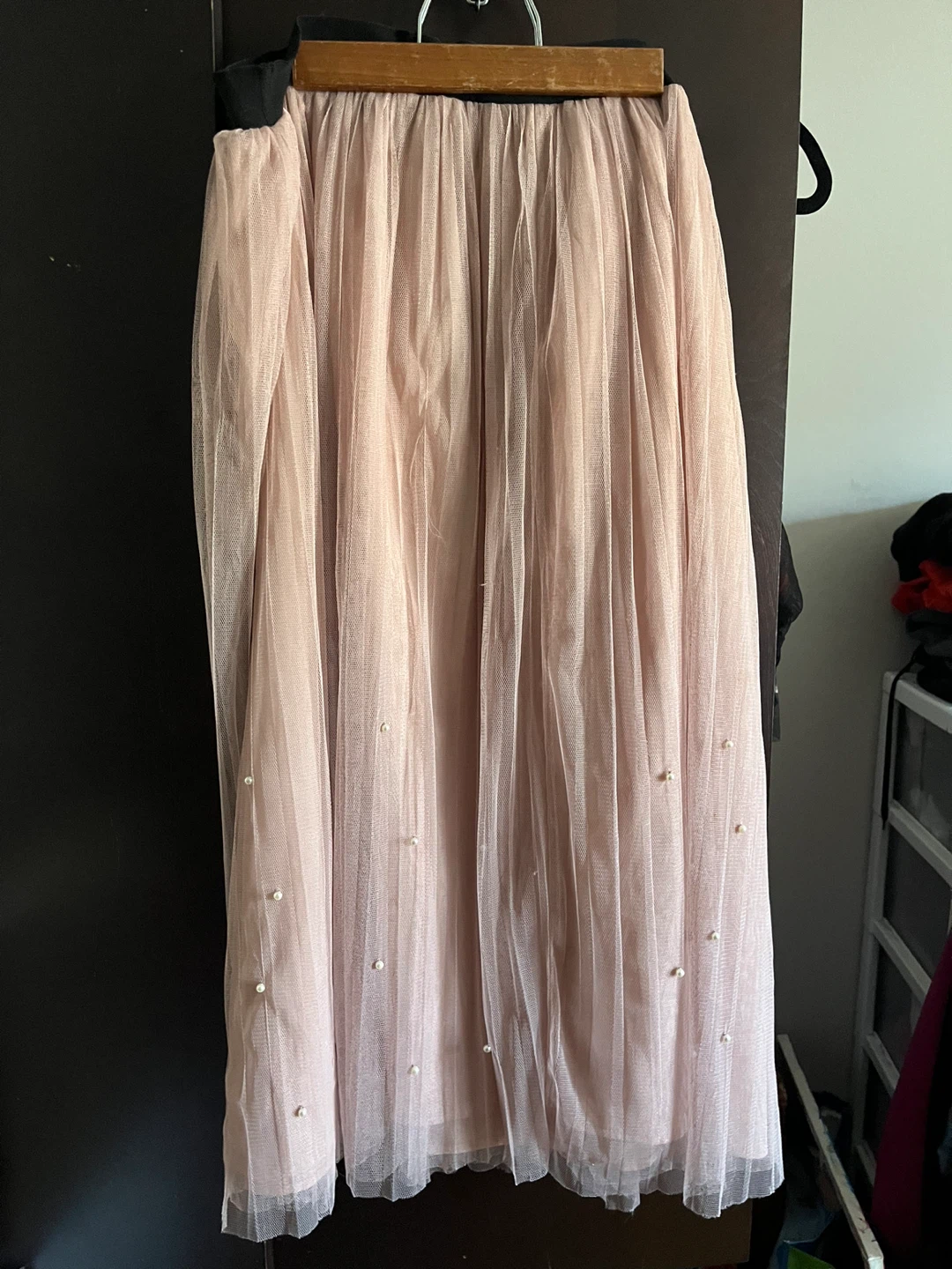 Pink Tulle Midi Skirt with Pearls