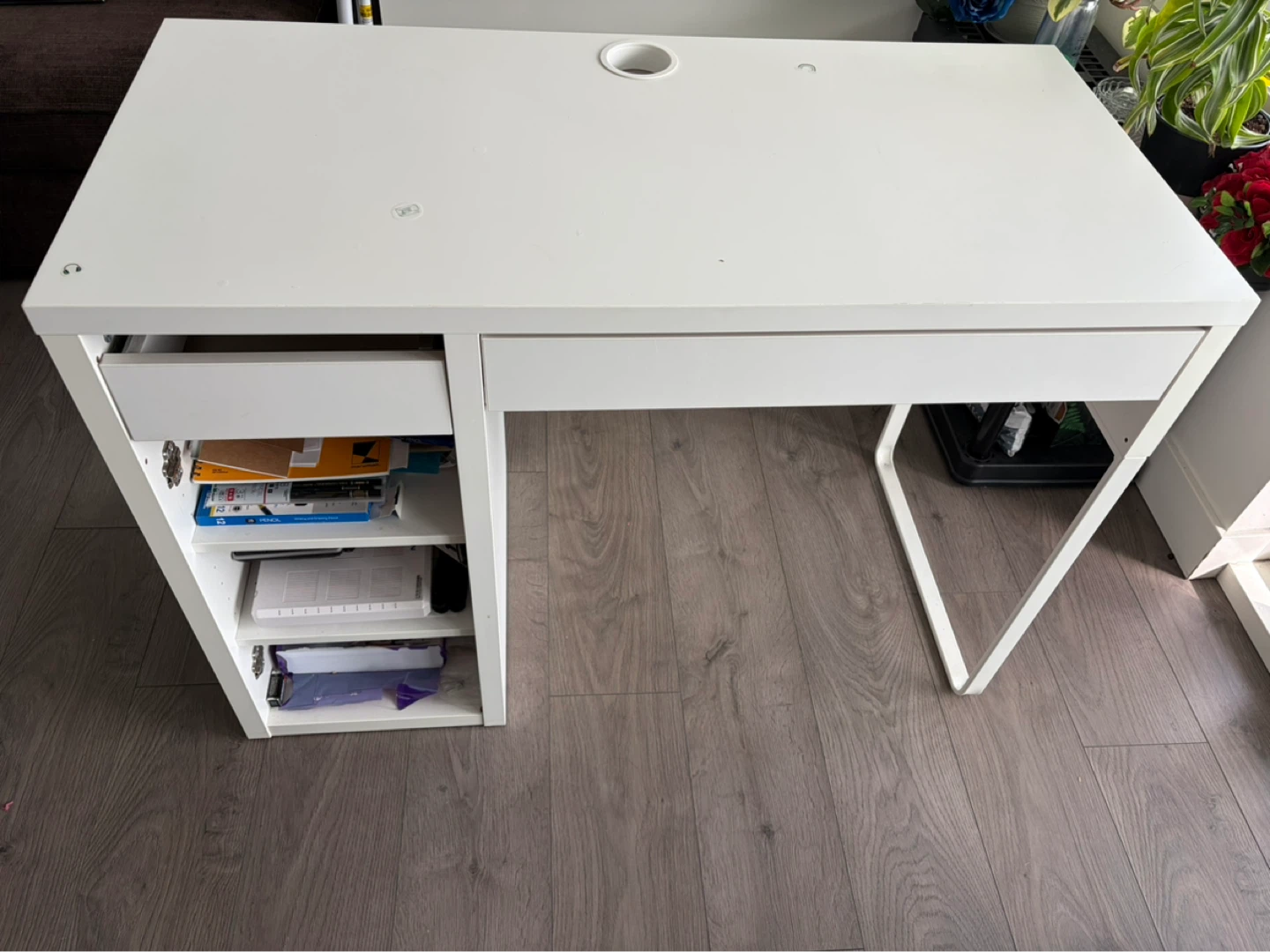 White IKEA Desk with Drawers and Shelves