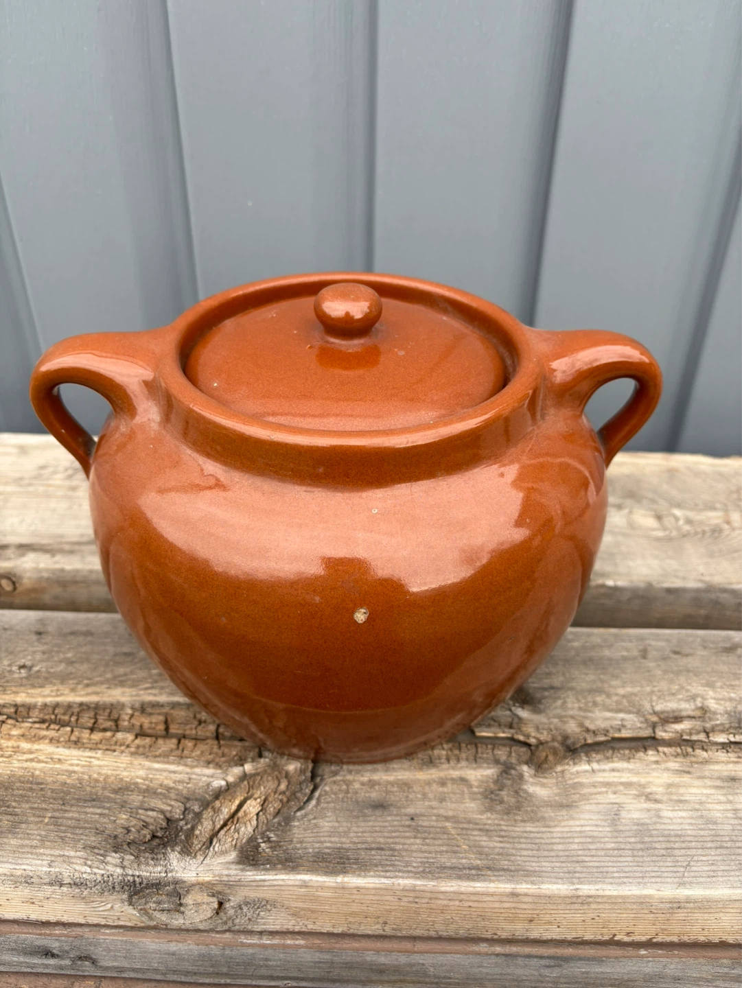 Vintage Brown Ceramic Bean Pot with side handles