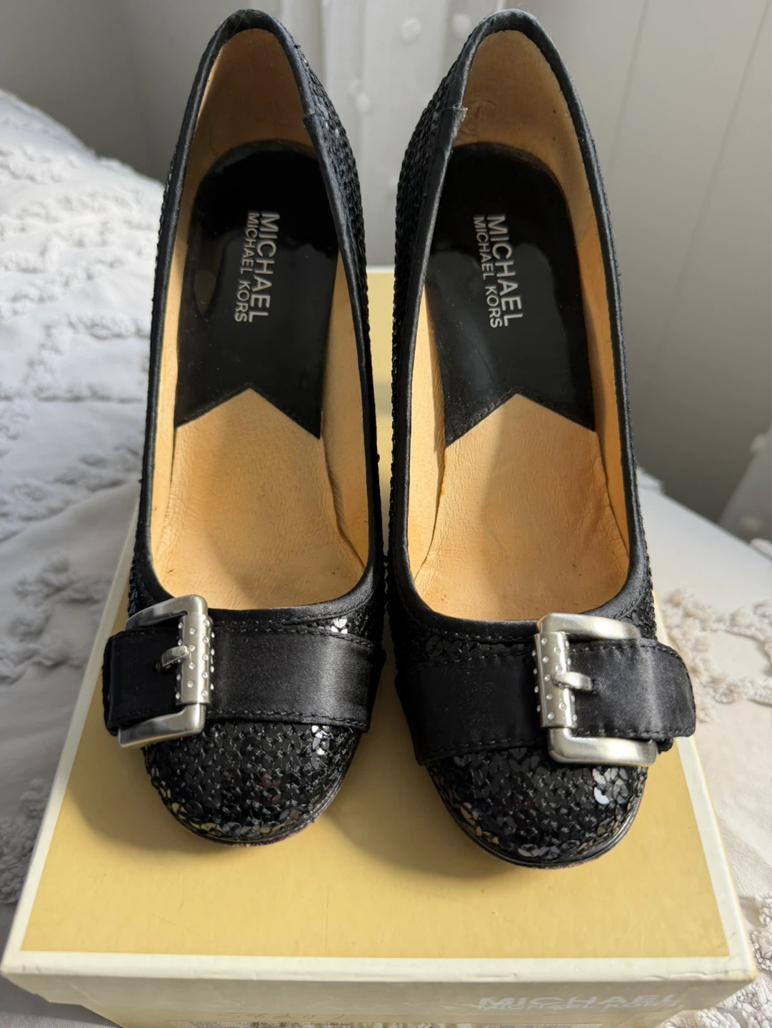 Michael Kors Black Sequin Heels with Buckle