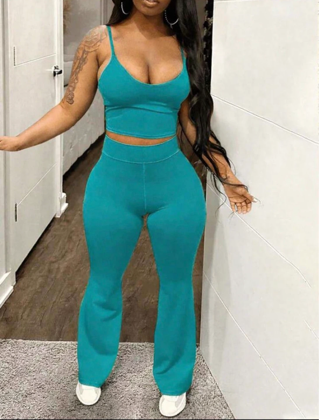 Teal Crop Top and Flare Pants Set