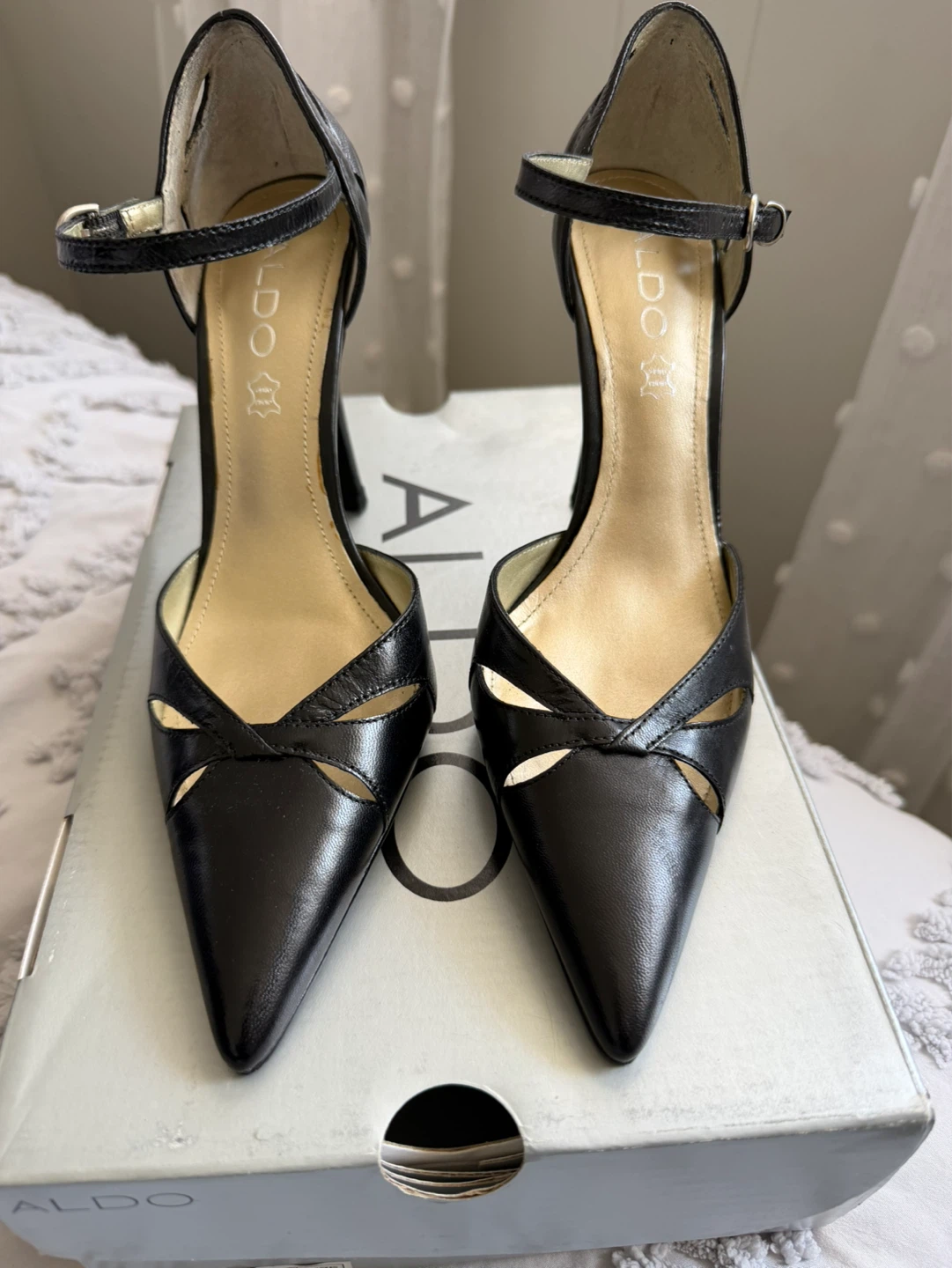 ALDO Black Leather Pointed Toe Heels with Ankle Strap - Size 37