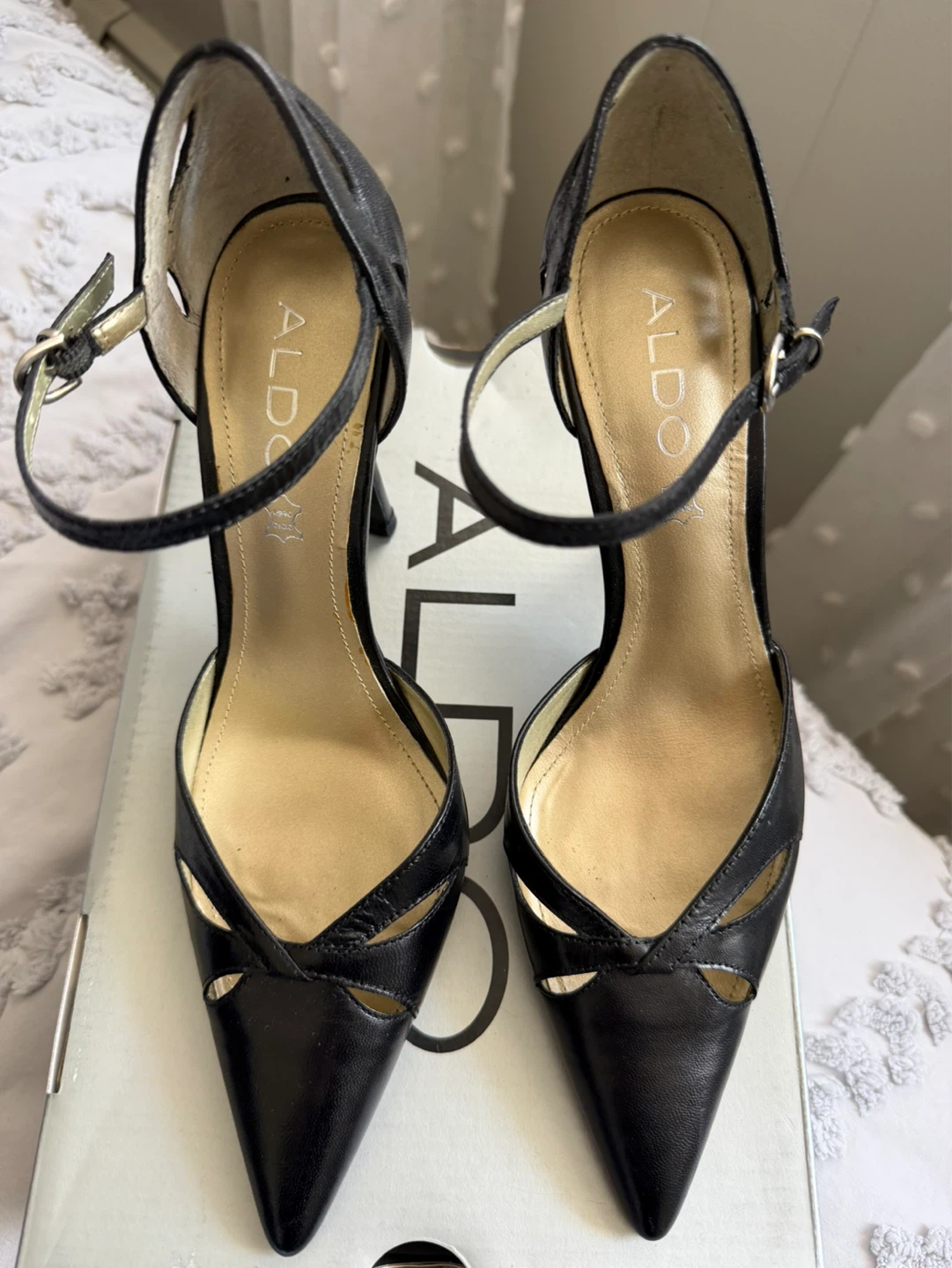 ALDO Black Leather Pointed Toe Heels with Ankle Strap - Size 37 - photo 3
