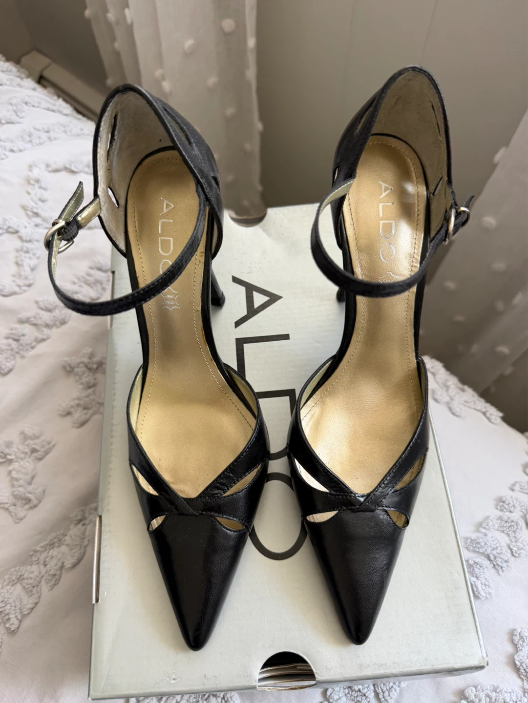 ALDO Black Leather Pointed Toe Heels with Ankle Strap - Size 37 - photo 2