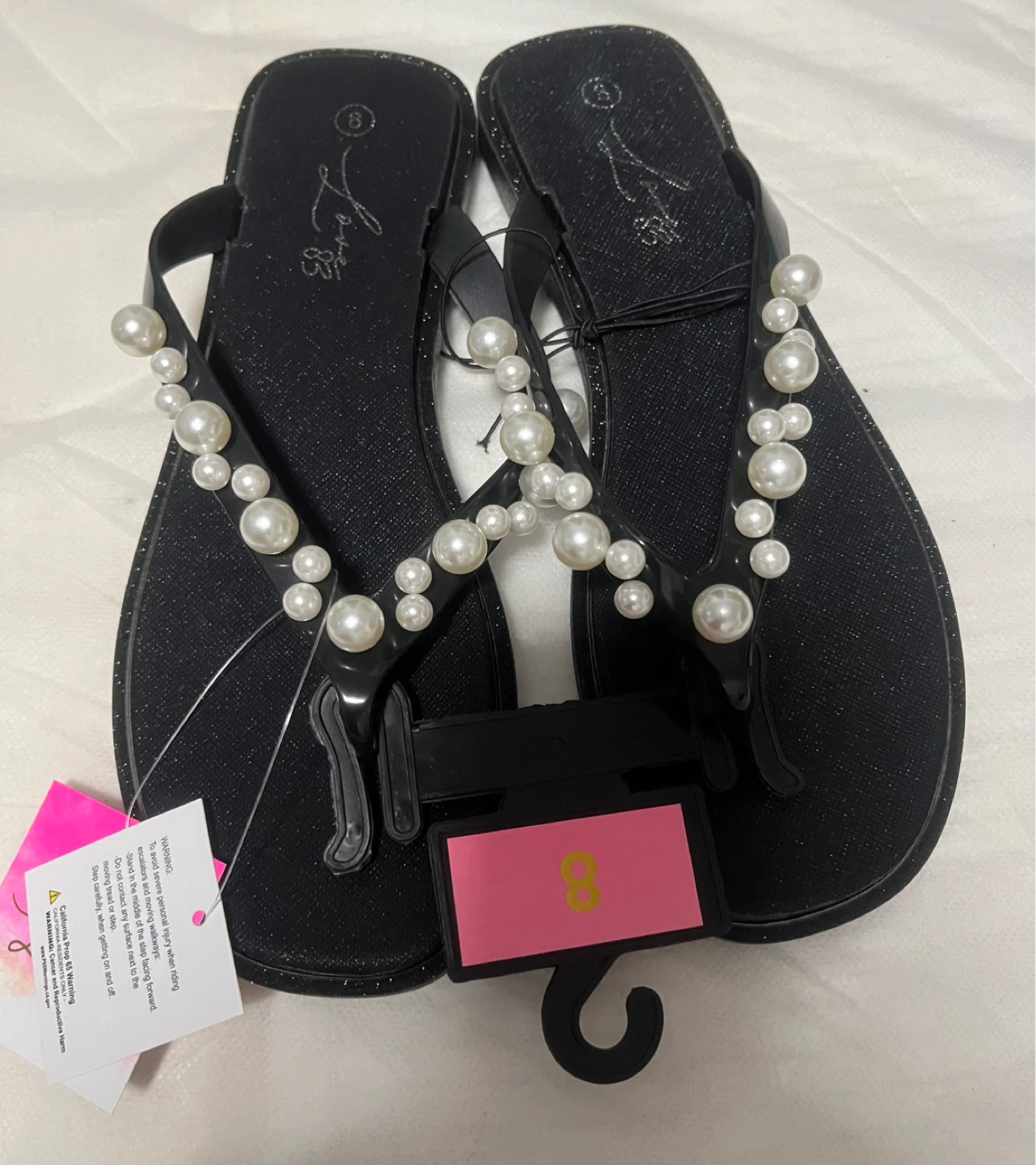 Black Pearl Embellished Flip Flops - Size 8