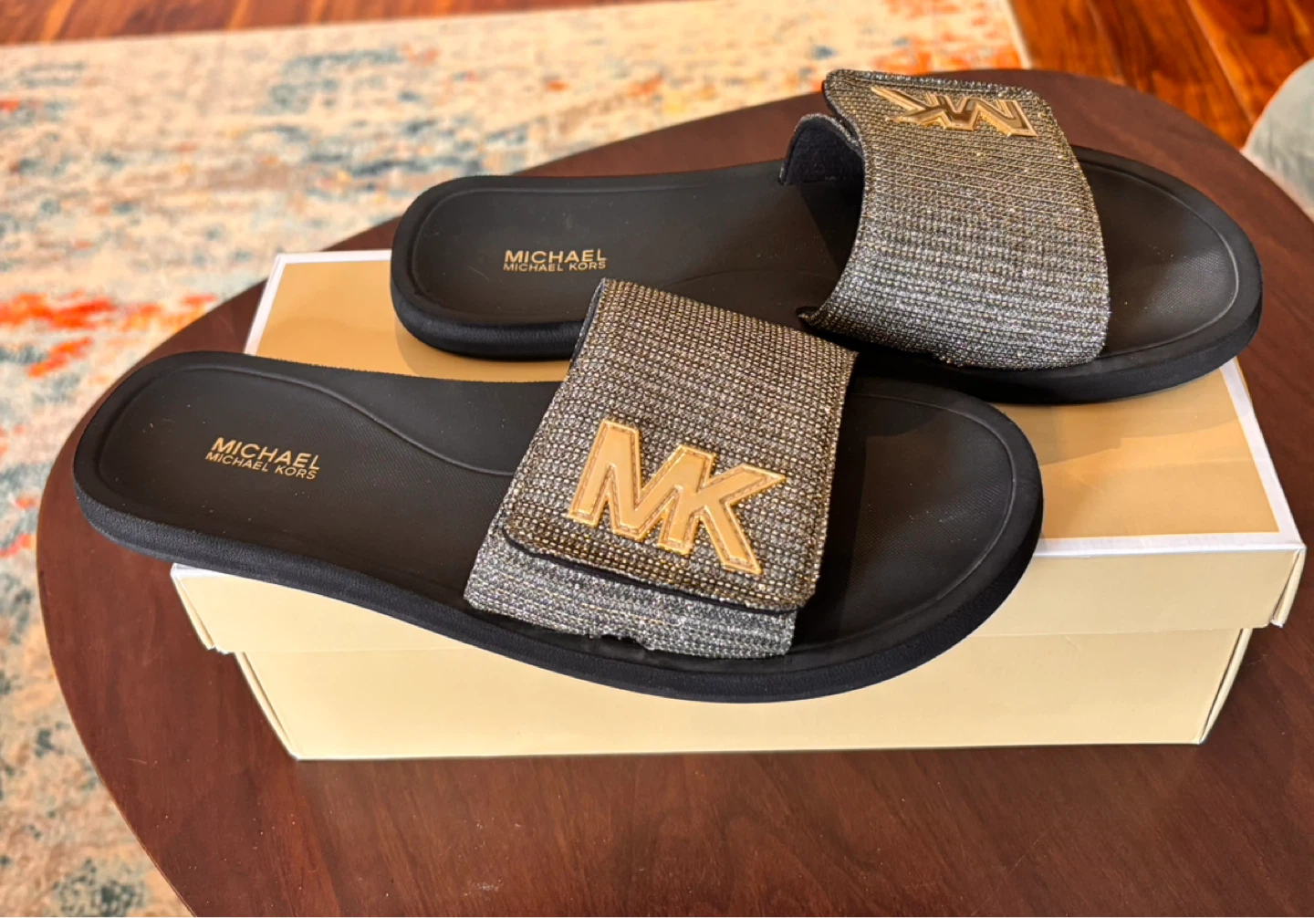 Michael Kors black slides with gold MK logo size 9