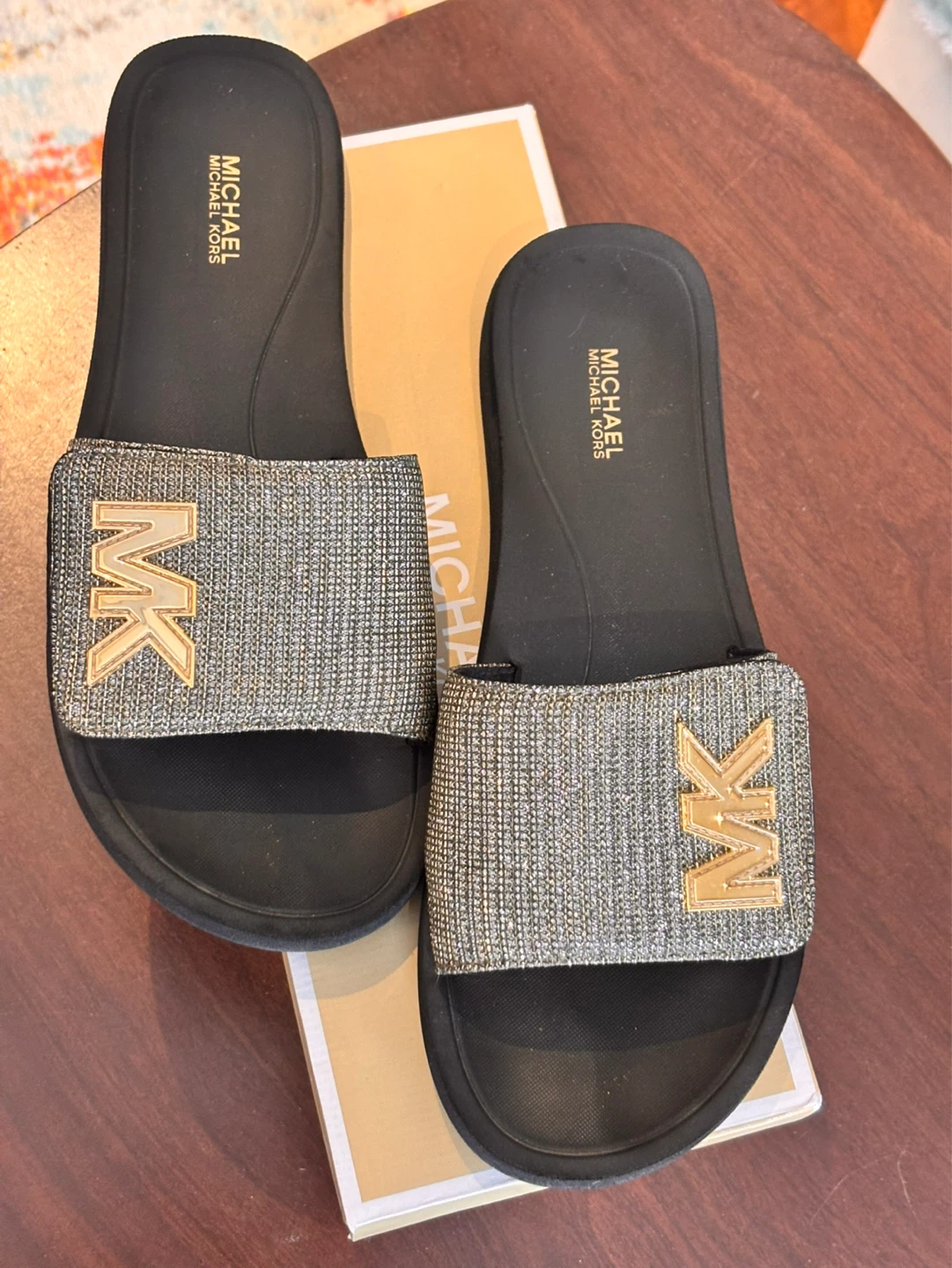 Michael Kors black slides with gold MK logo size 9 - photo 2