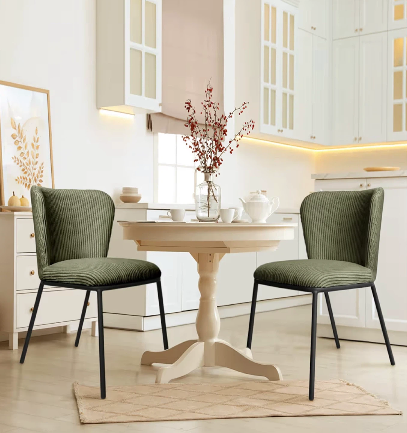 Olive Green Corduroy Dining Chair with Metal Frame