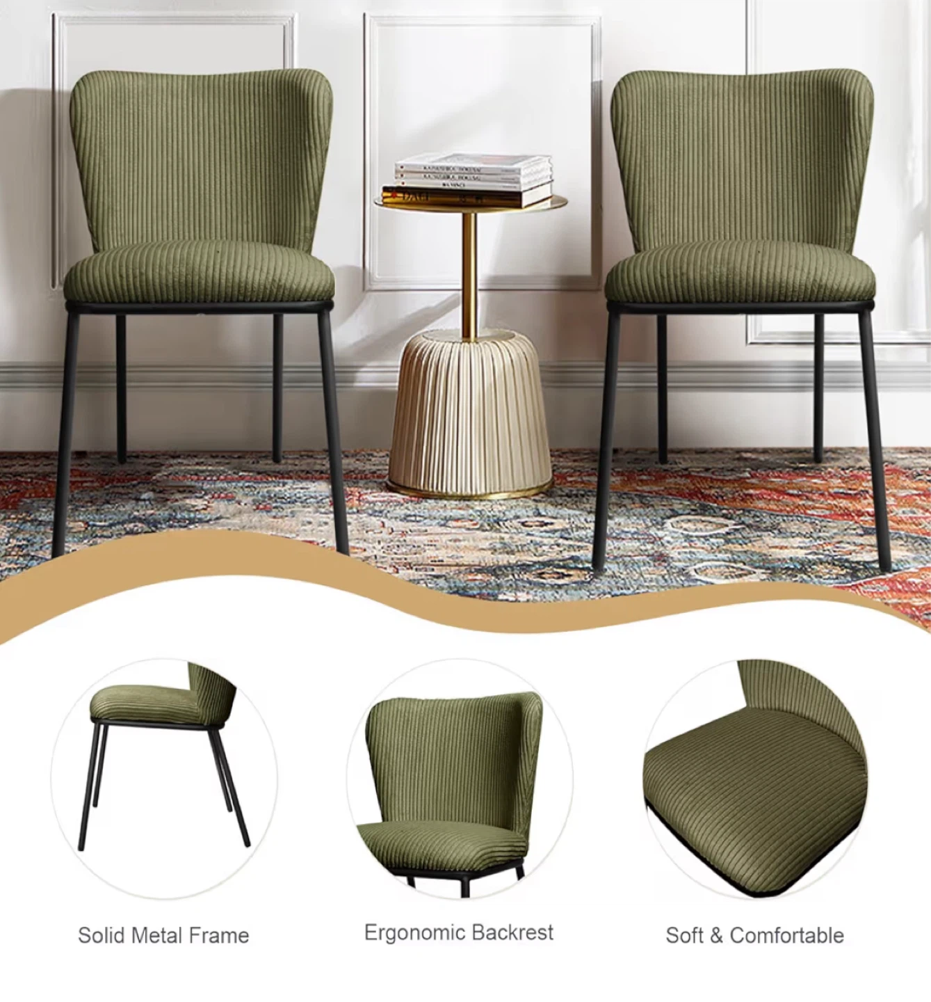 Olive Green Corduroy Dining Chair with Metal Frame - photo 3