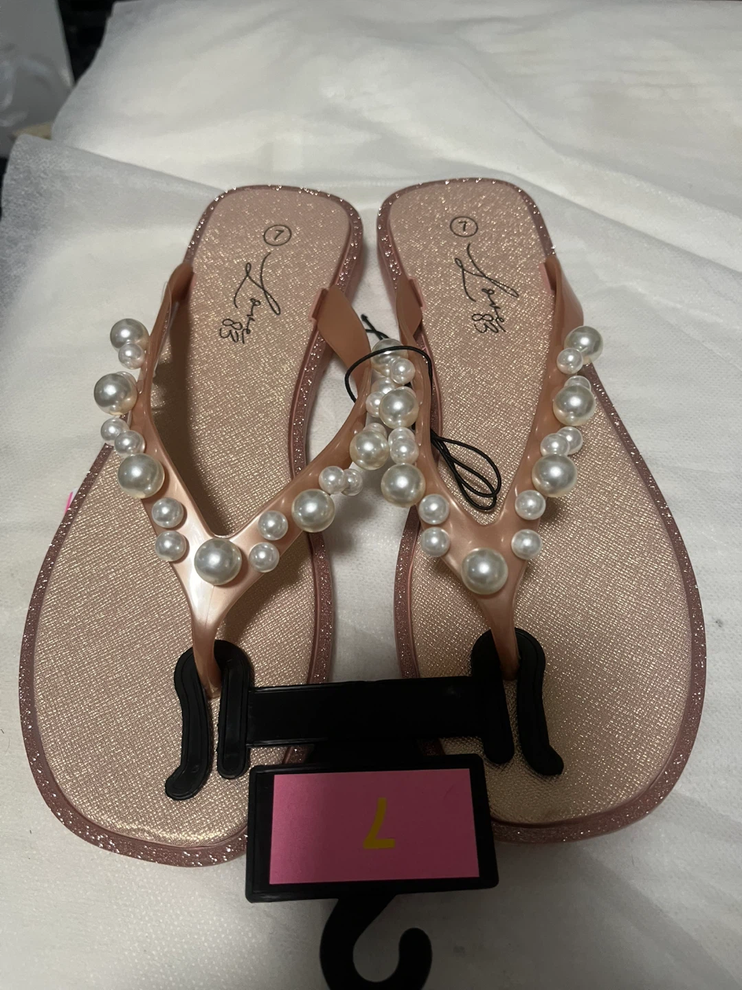 Rose Gold Pearl Embellished Flip Flops - Size 7
