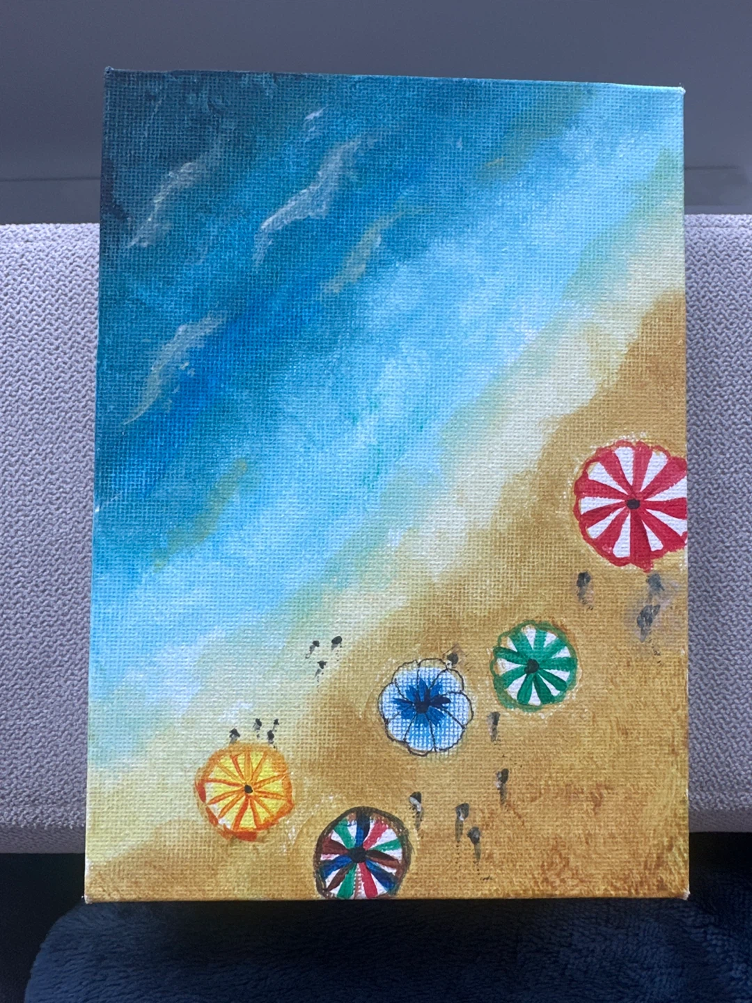 Canvas Painting of Beach Scene with Umbrellas