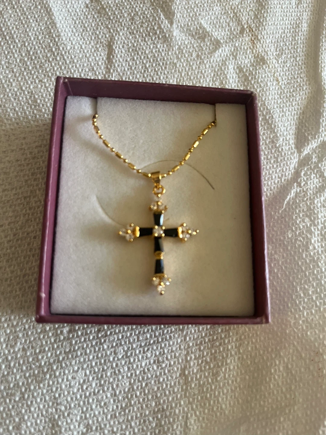 Gold Tone Cross Necklace with Rhinestones