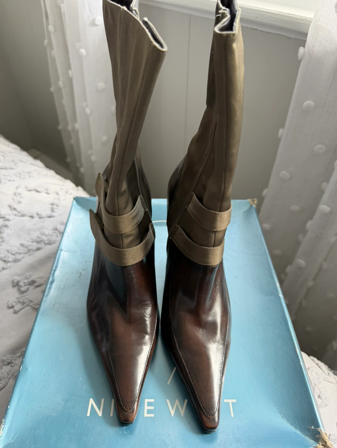 Nine West Women's Brown Leather & Fabric Heel Boots Size 7 M