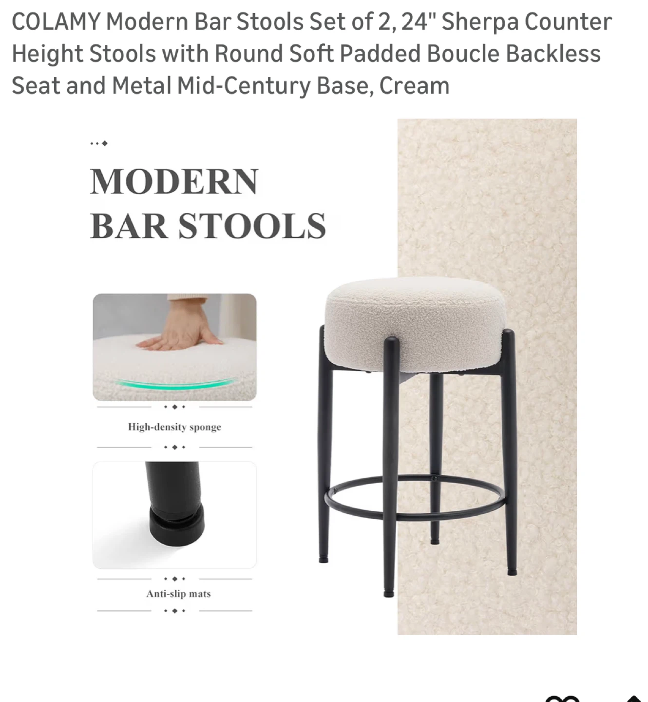 COLAMY Modern Bar Stools Set of 2 Cream Sherpa Counter Height - photo 4