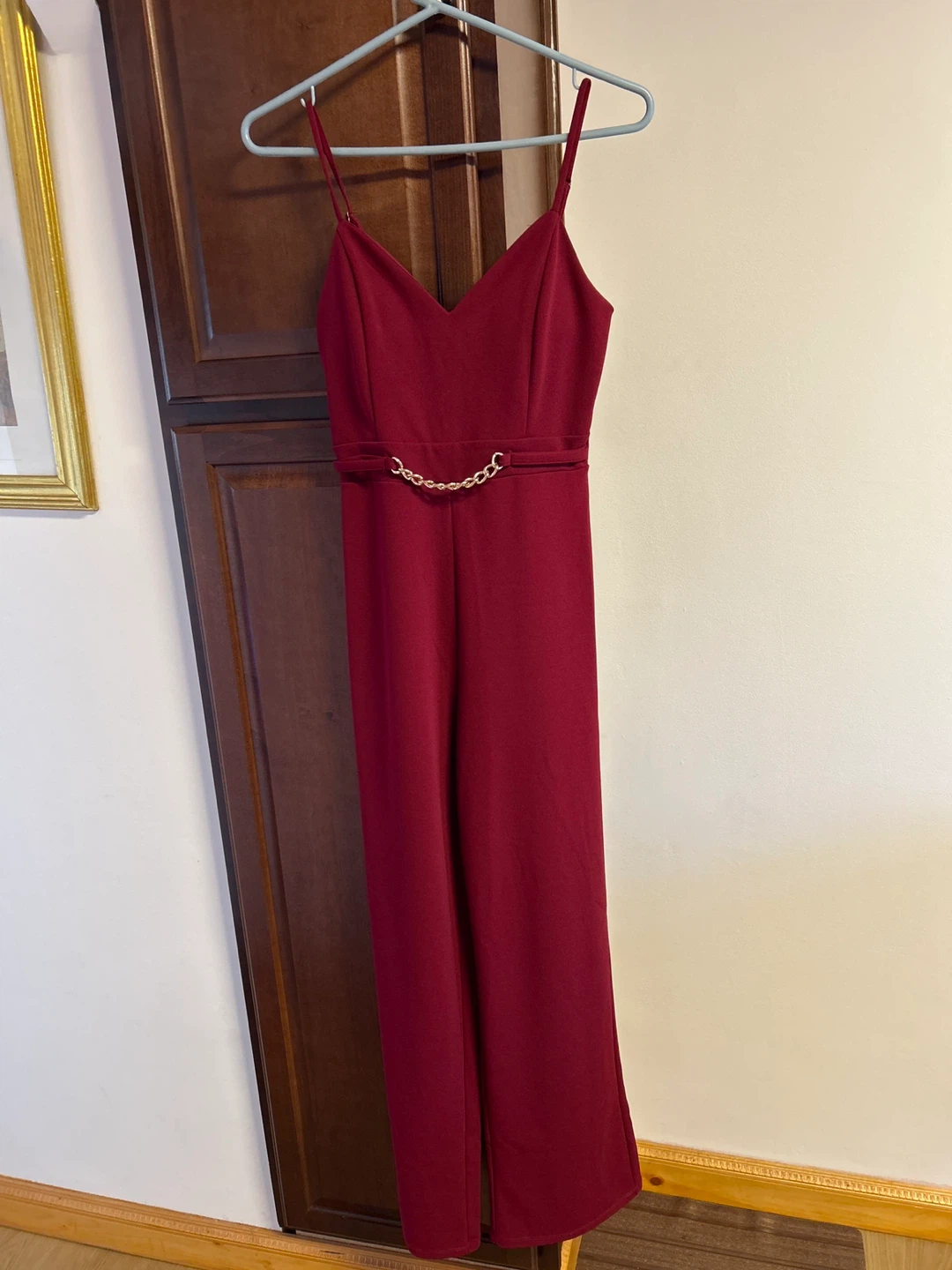 Maroon Jumpsuit with Gold Chain Belt