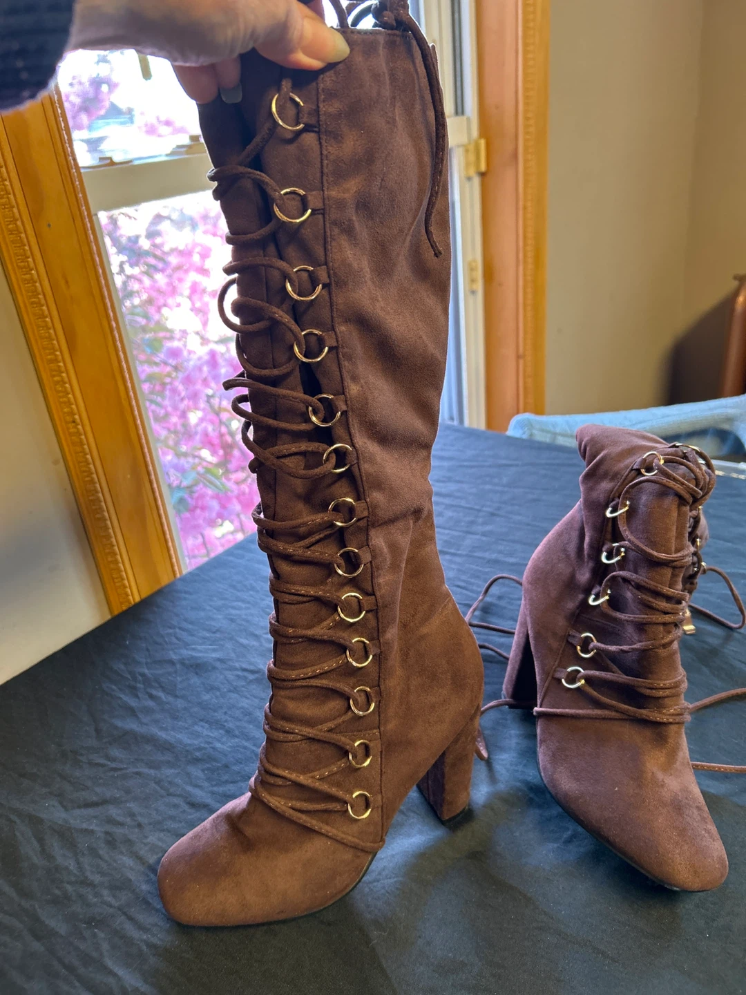 Brown Suede Lace-Up High Heel Boots - photo 2