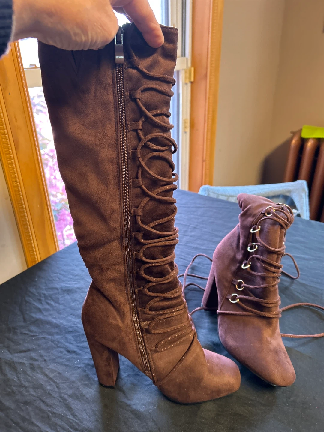 Brown Suede Lace-Up High Heel Boots - photo 3