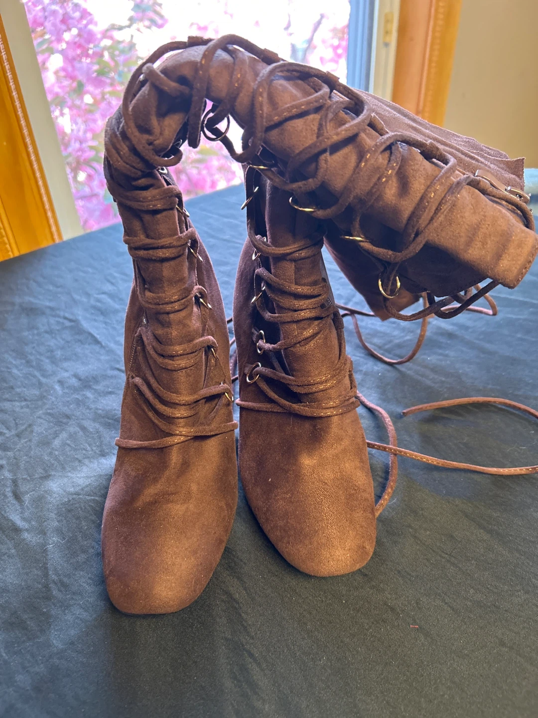 Brown Suede Lace-Up High Heel Boots