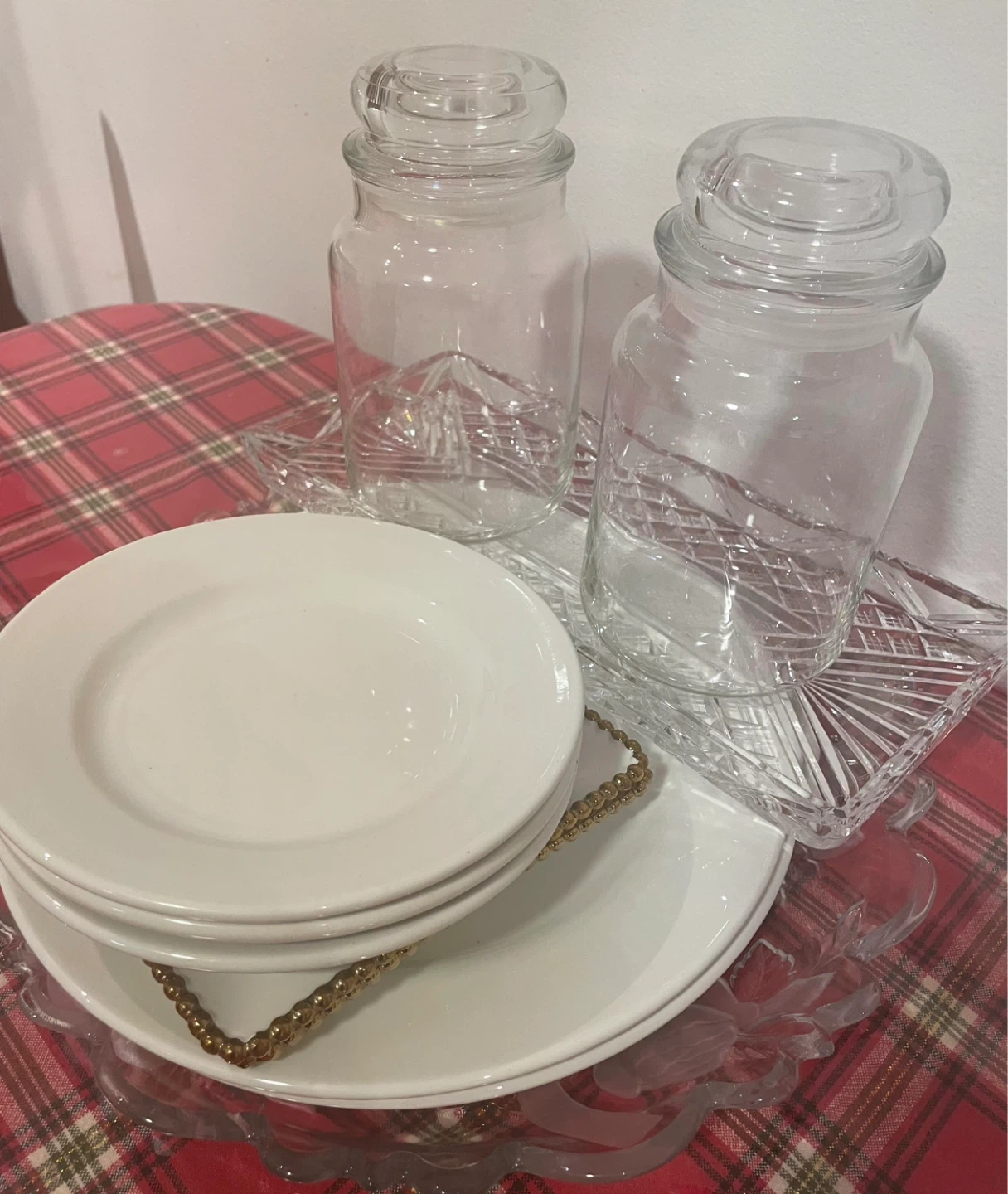 Set of 4 White Plates & 2 Glass Canister Jars