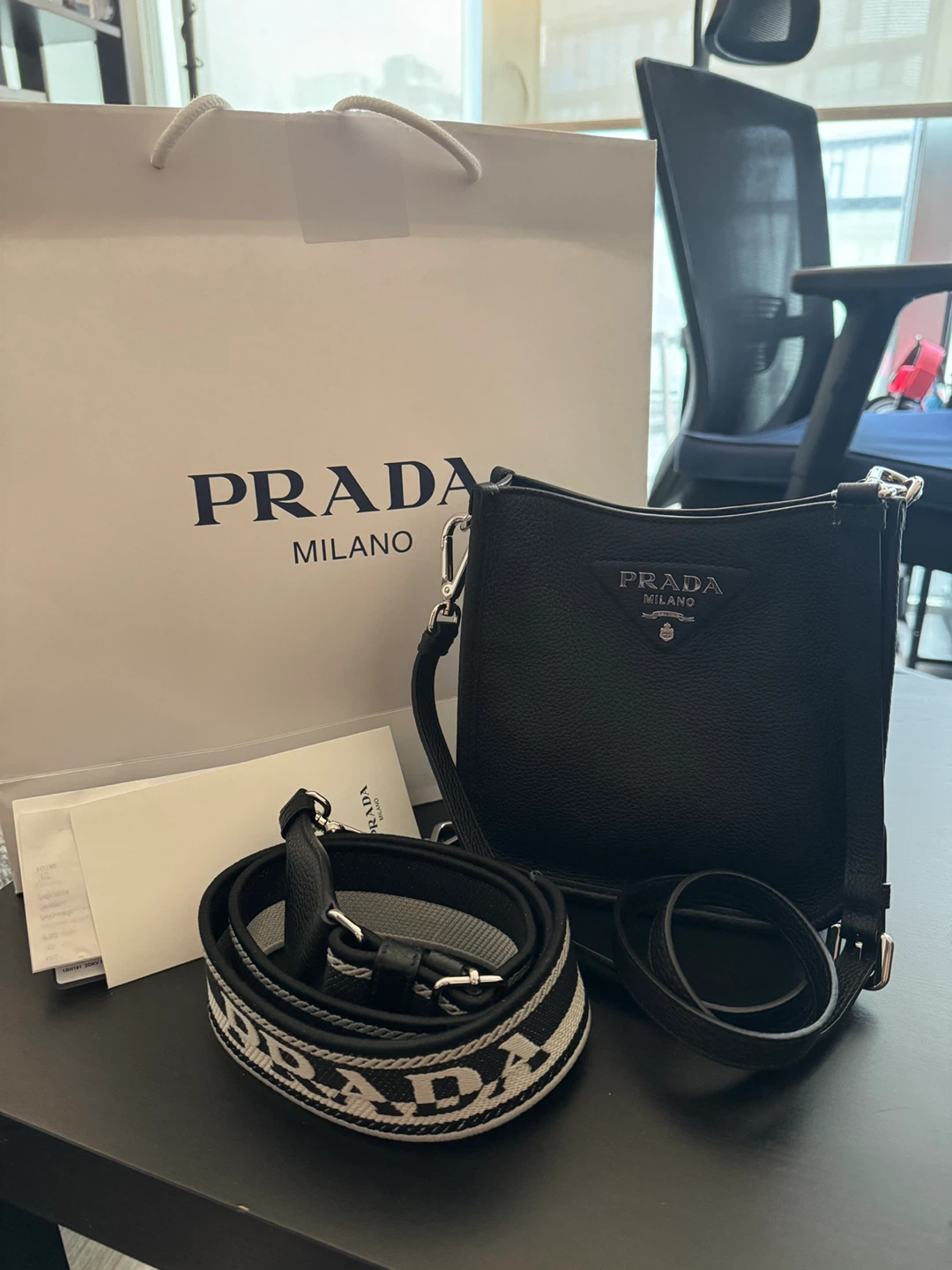Prada Black Leather Crossbody Bag with Reversible Strap