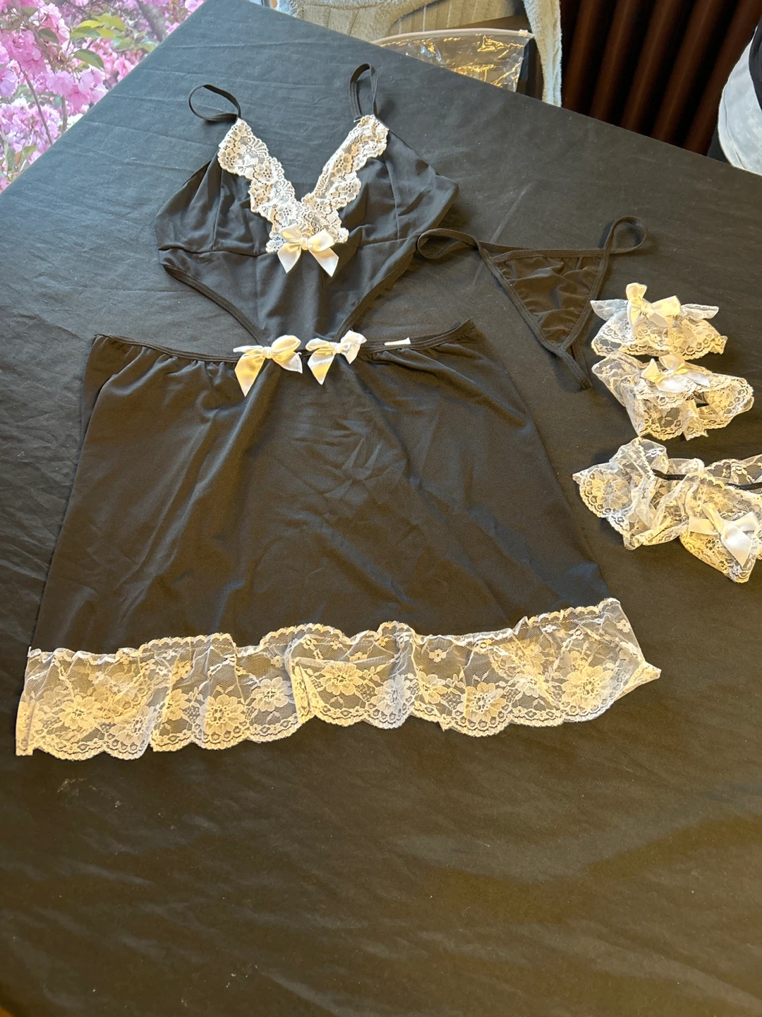 Black Lace Maid Lingerie Set with Skirt