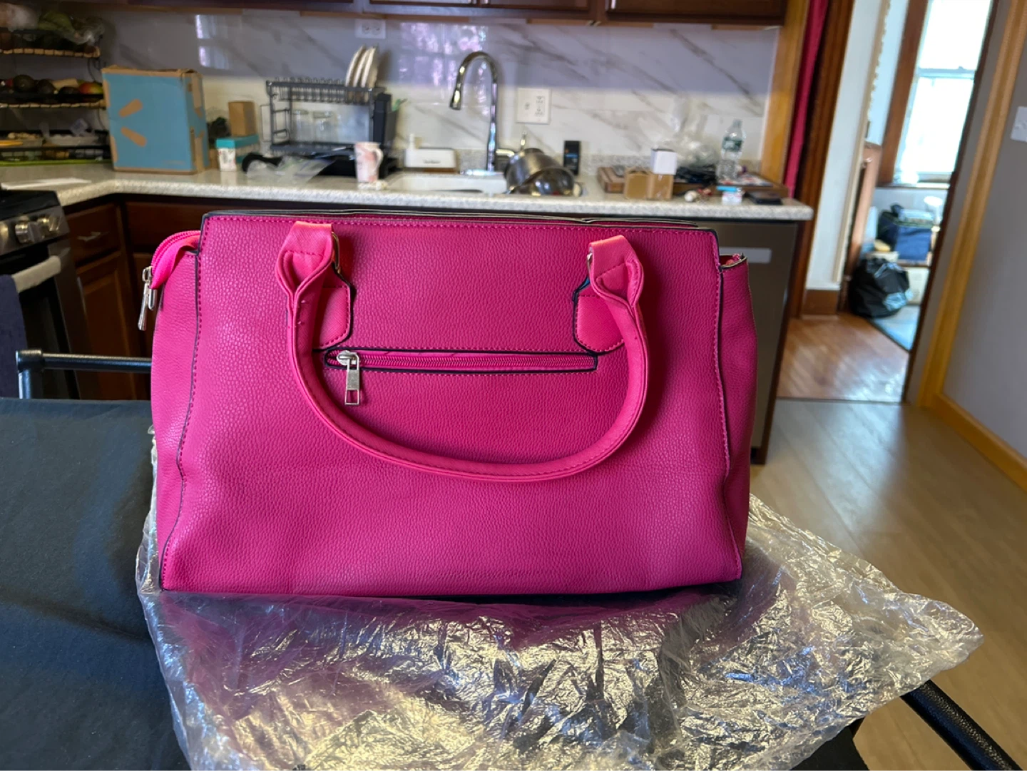 Pink Faux Leather Satchel Handbag with Adjustable Strap - photo 3