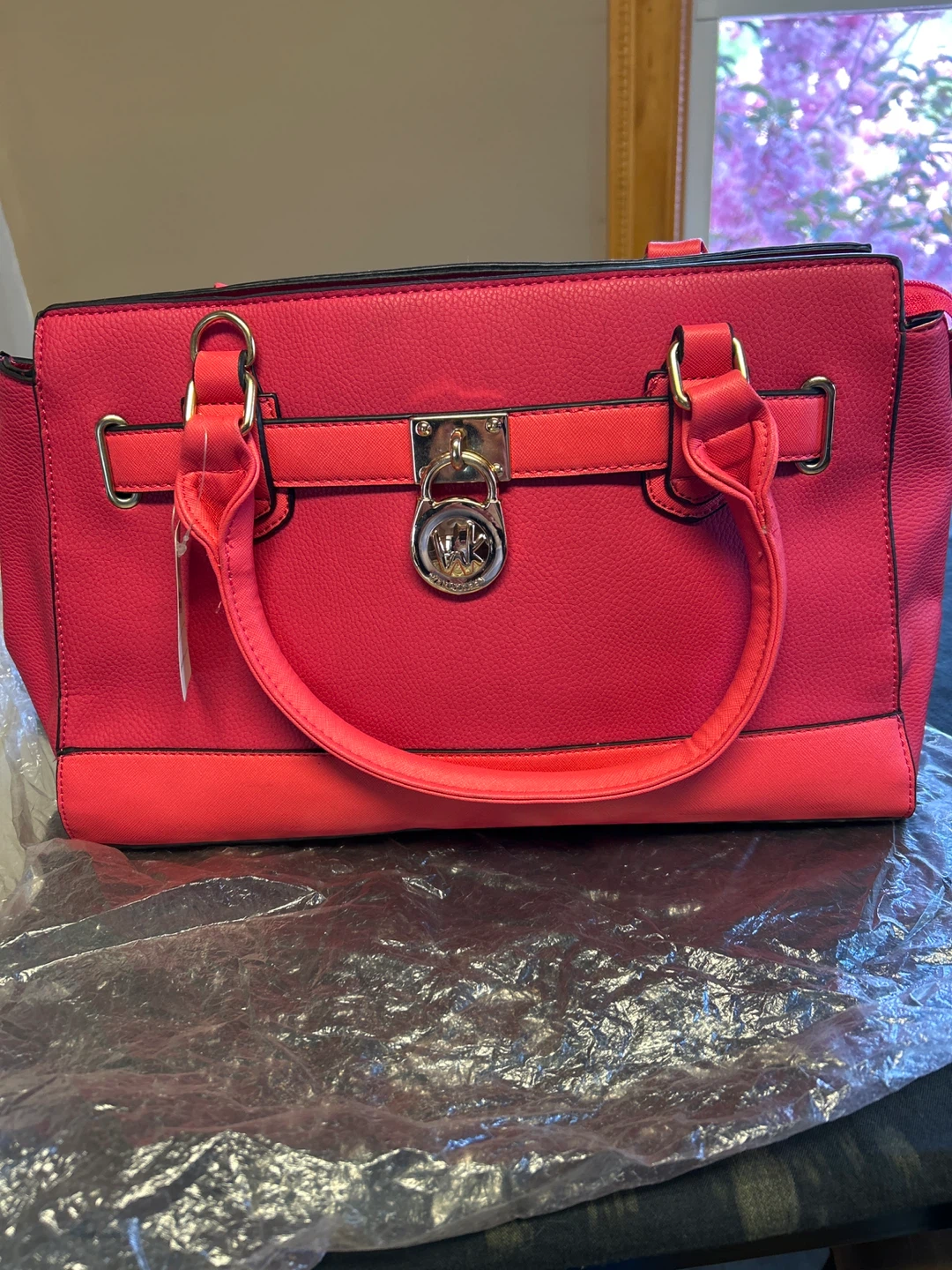 Pink Faux Leather Satchel Handbag with Adjustable Strap