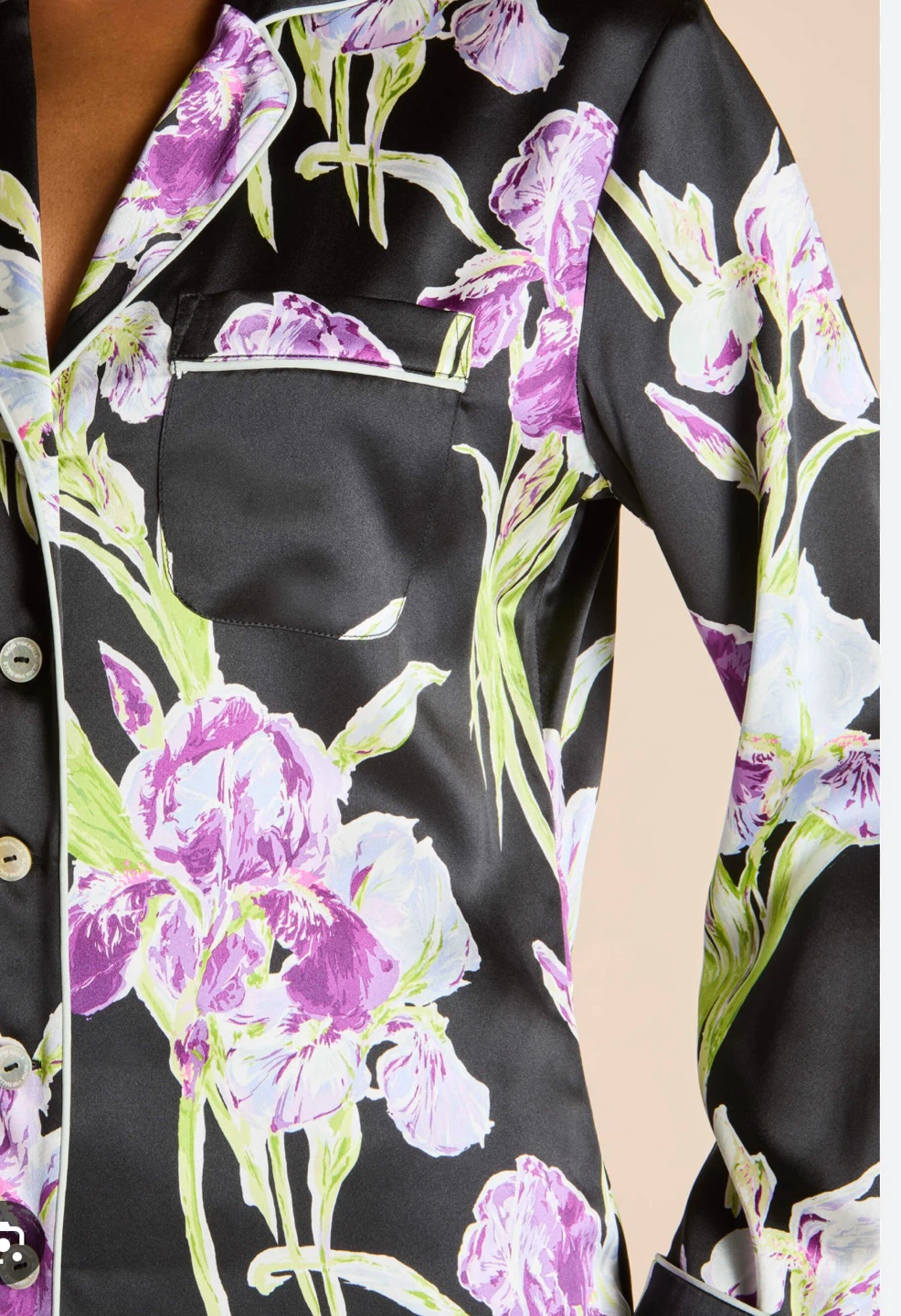 Olivia von Halle Black Floral Silk Pajama Top