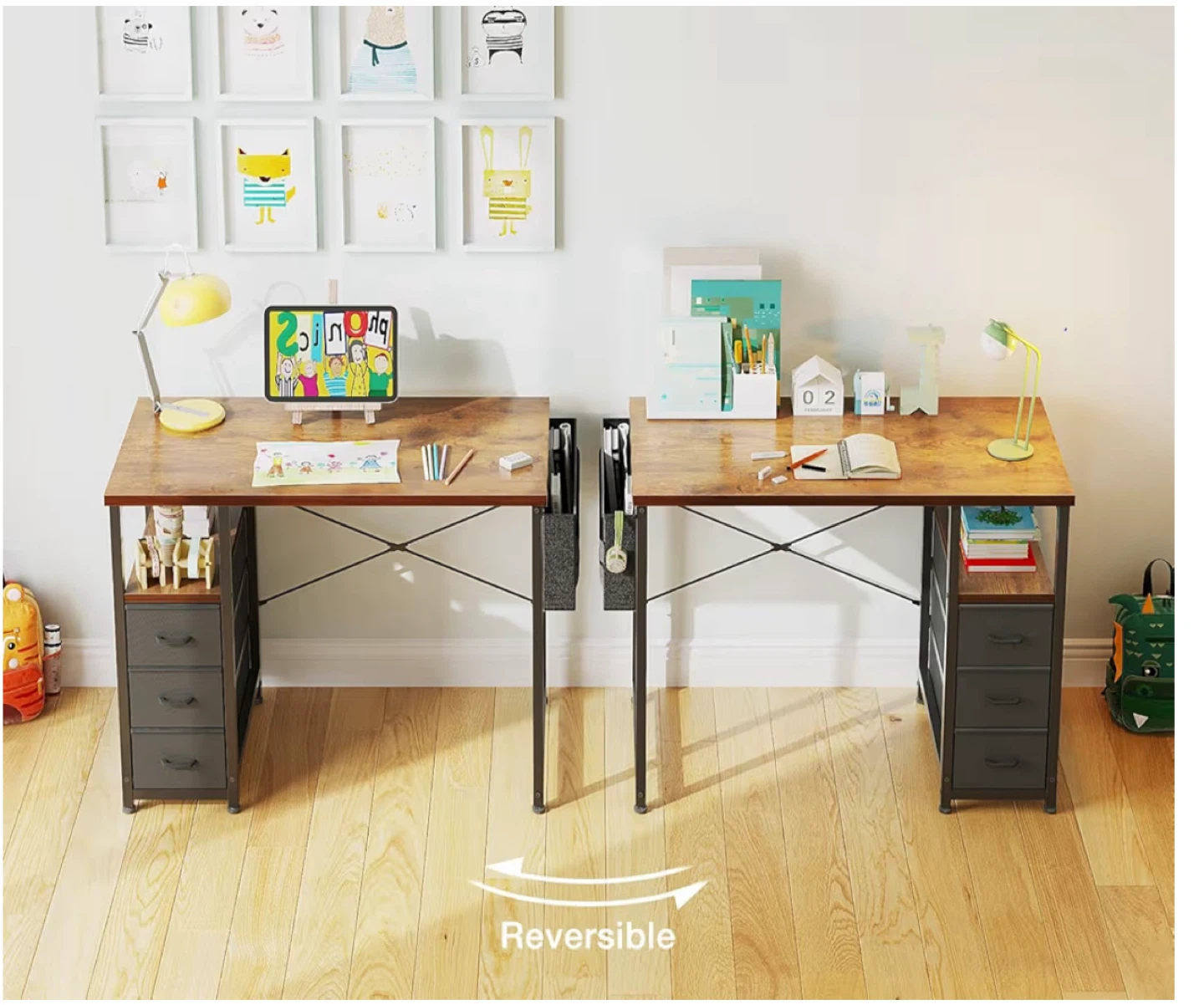 Rustic Wood Computer Desk with Fabric Drawers & Storage Shelf - photo 4