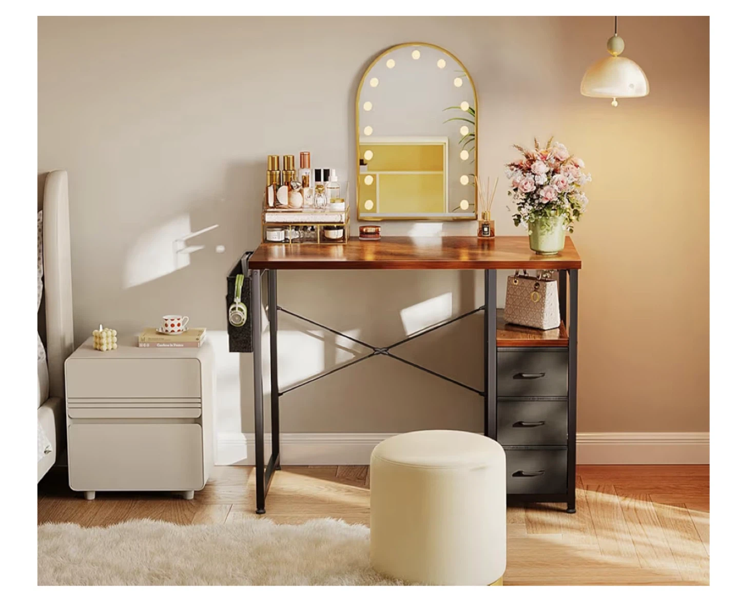 Rustic Wood Computer Desk with Fabric Drawers & Storage Shelf - photo 5