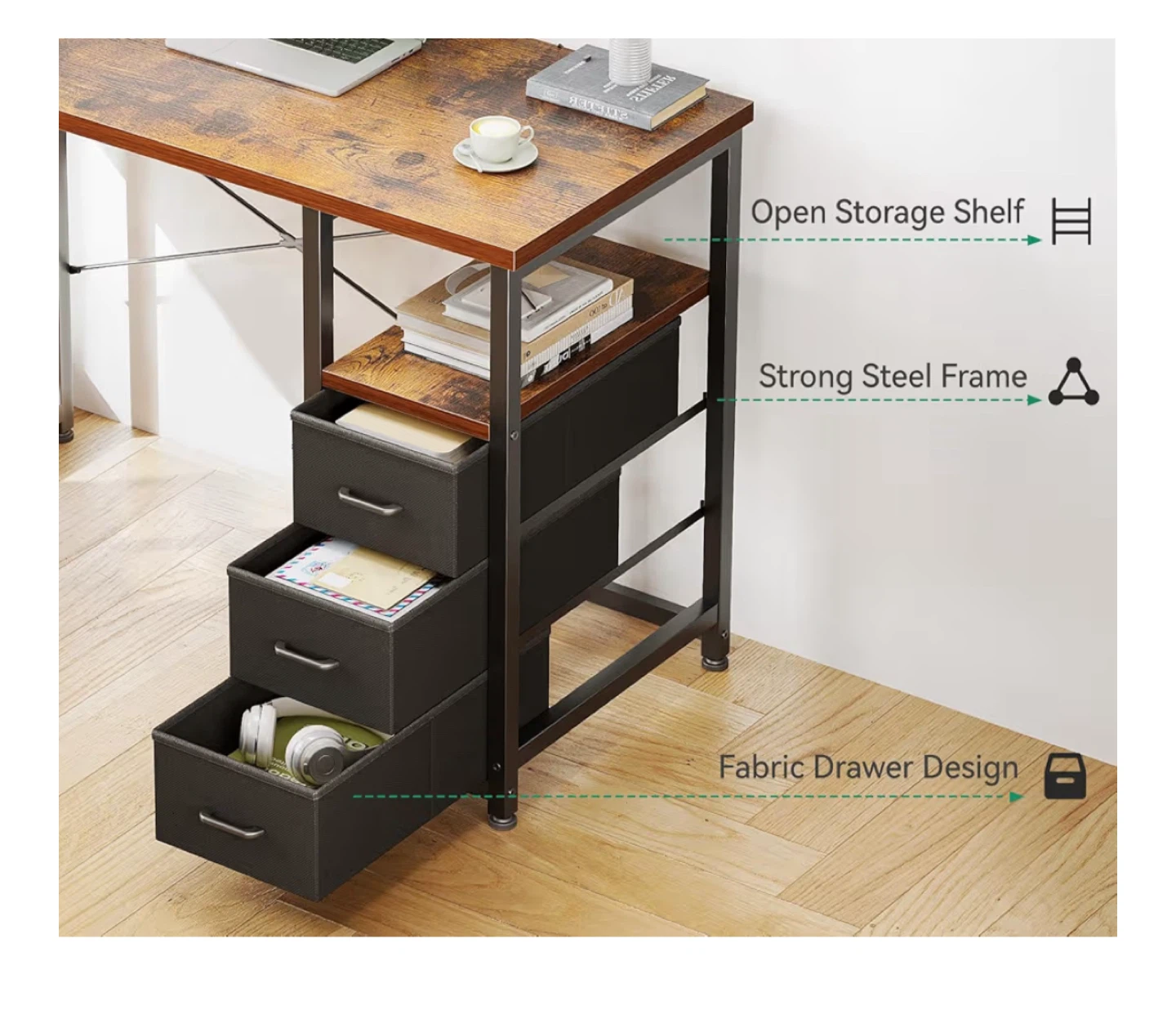 Rustic Wood Computer Desk with Fabric Drawers & Storage Shelf - photo 3