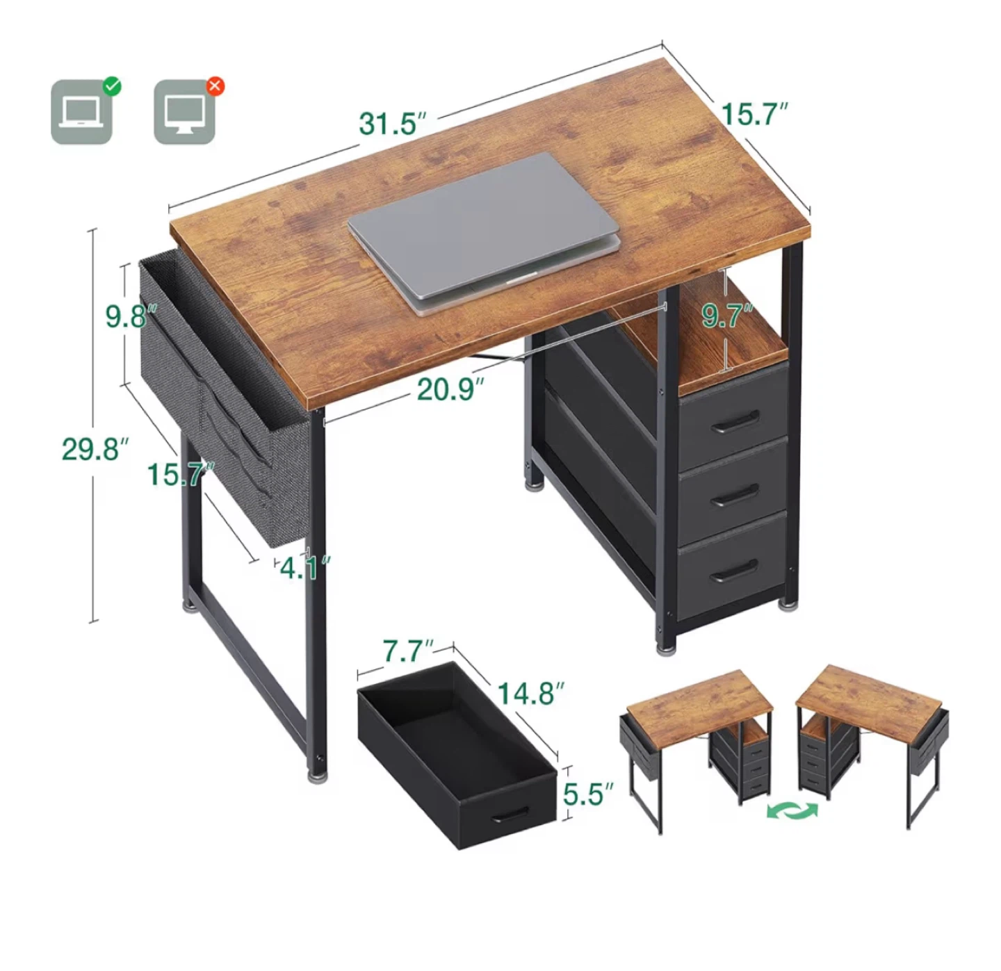 Rustic Wood Computer Desk with Fabric Drawers & Storage Shelf - photo 2