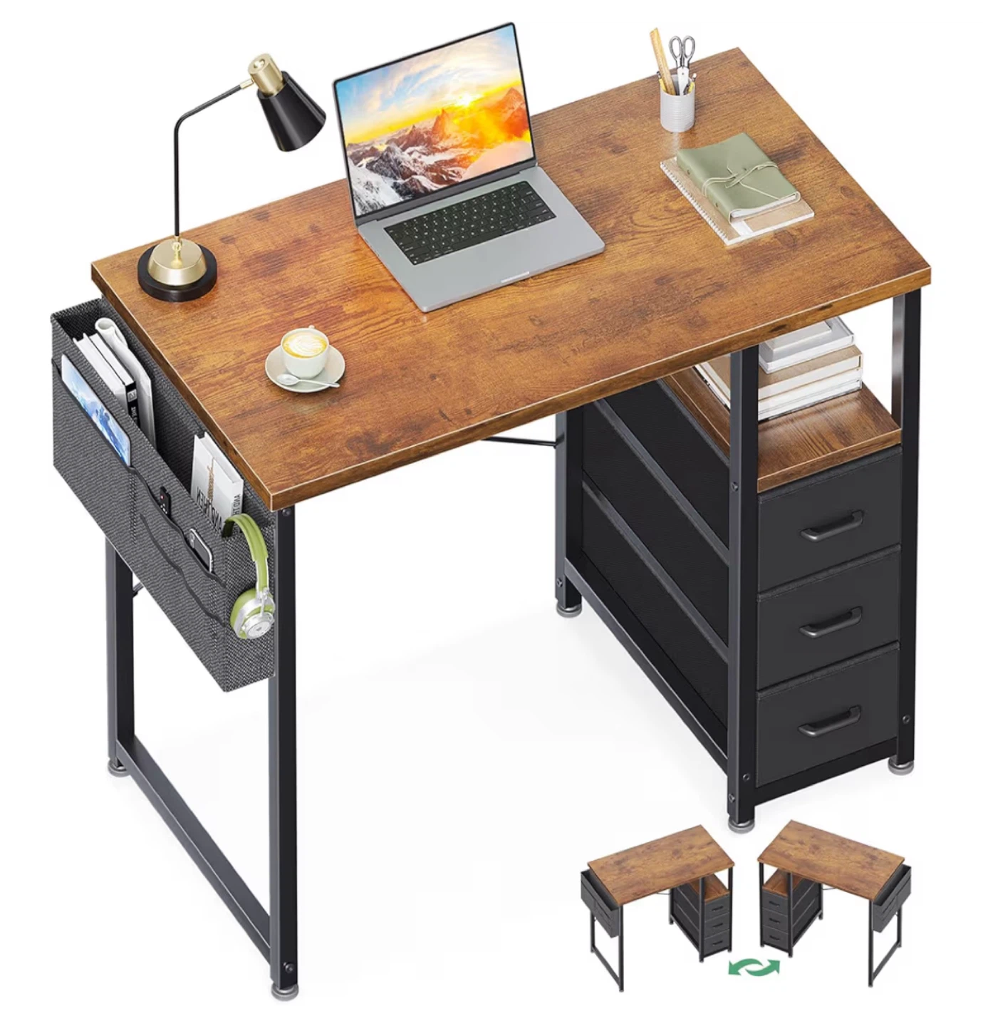Rustic Wood Computer Desk with Fabric Drawers & Storage Shelf