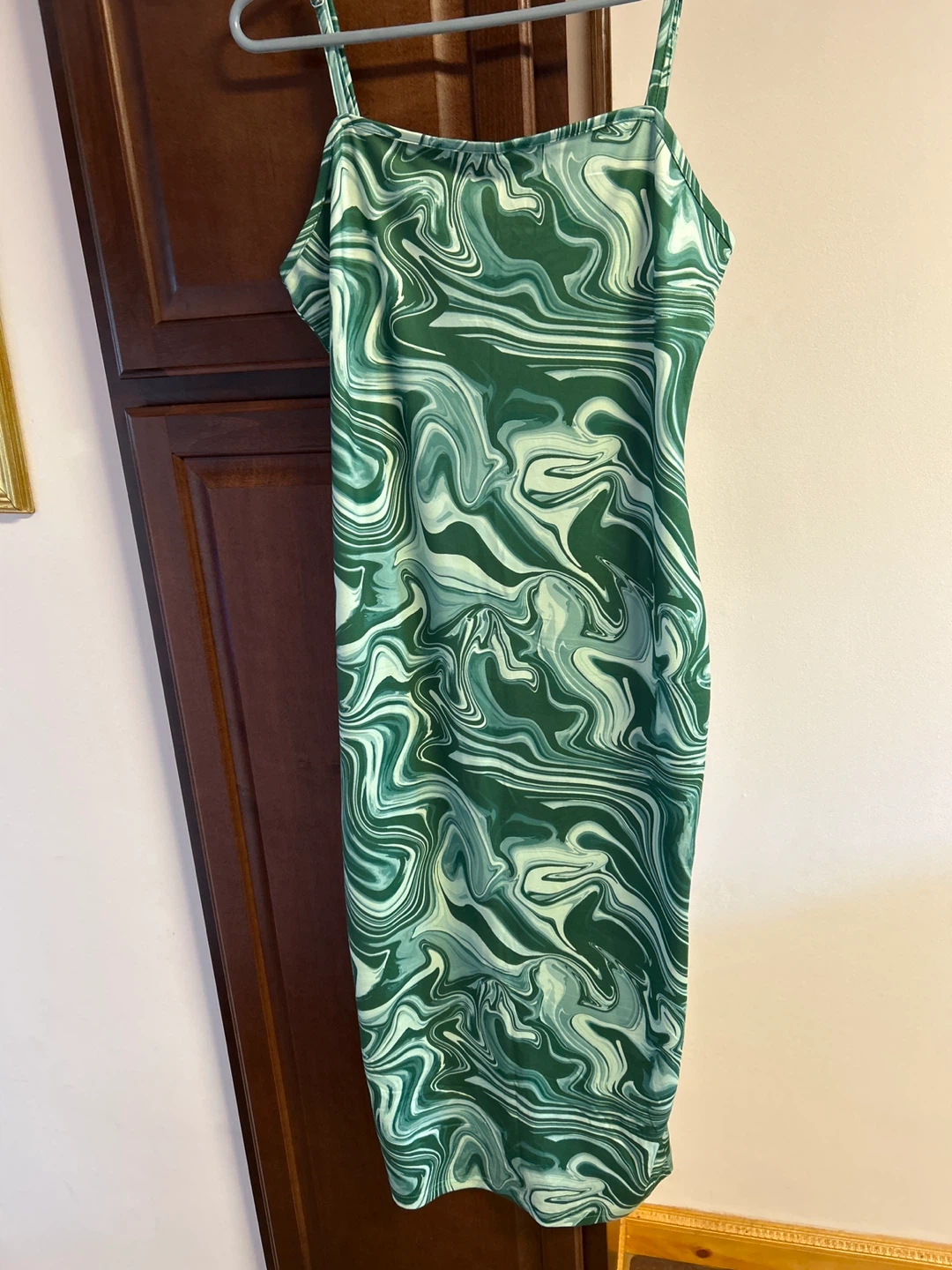 Green Marble Print Spaghetti Strap Midi Dress