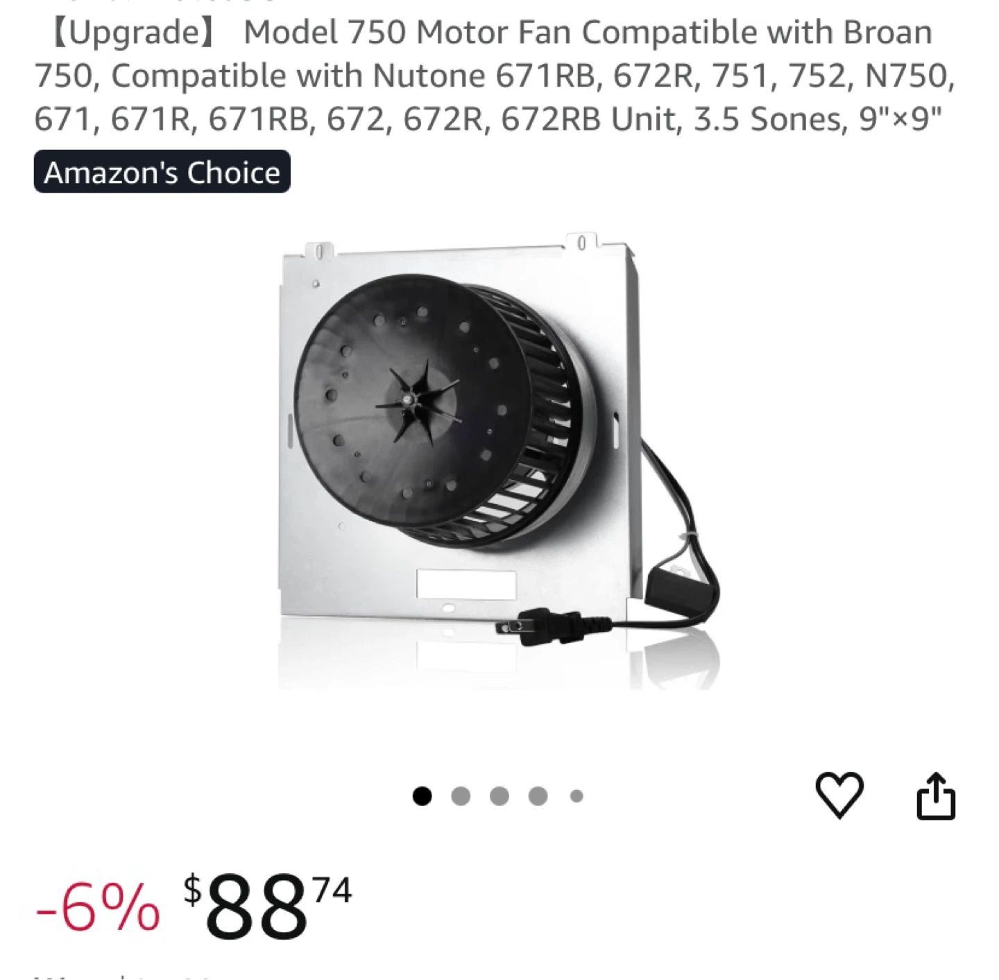 Model 750 Motor Fan for Broan/Nutone 9"x9"
