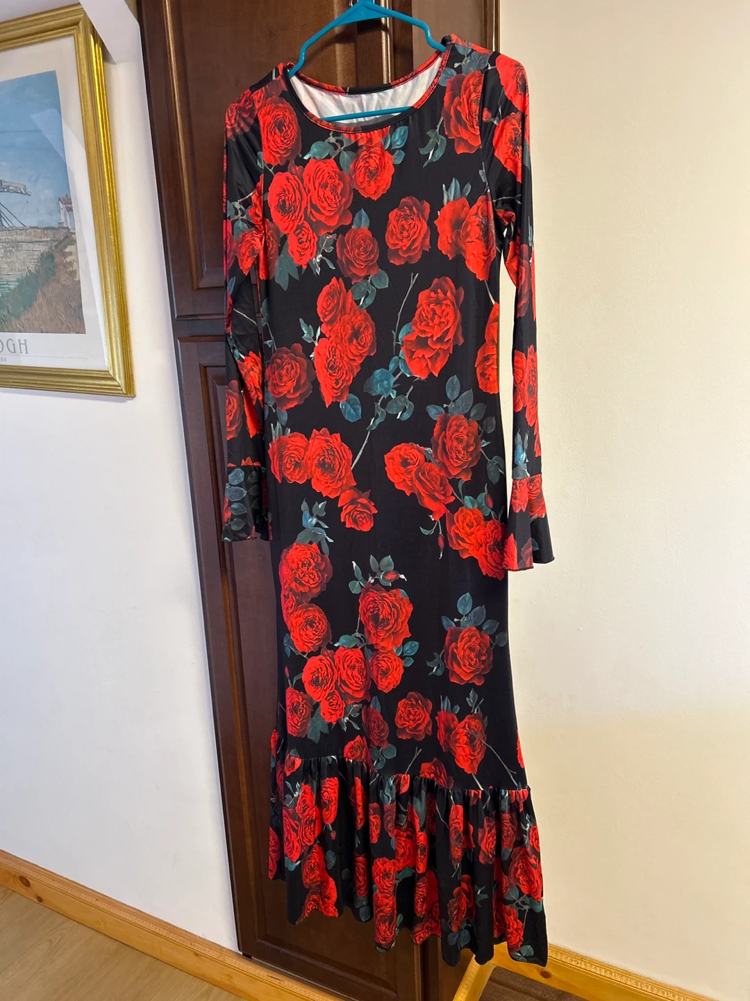 Black floral maxi dress with red roses