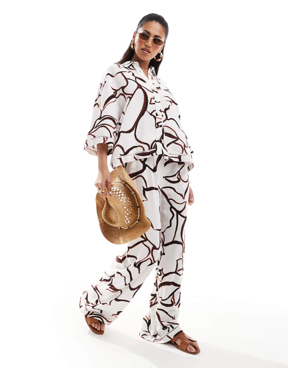 River Island White & Brown Abstract Print Linen Shirt Size 12 - photo 2