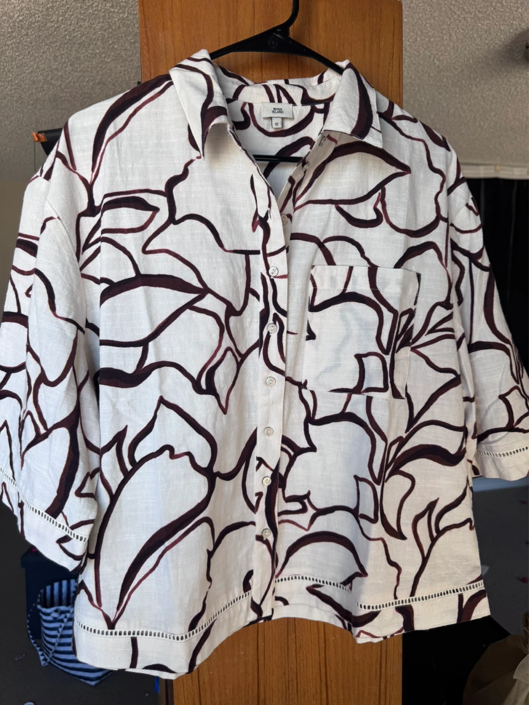River Island White & Brown Abstract Print Linen Shirt Size 12 - photo 3