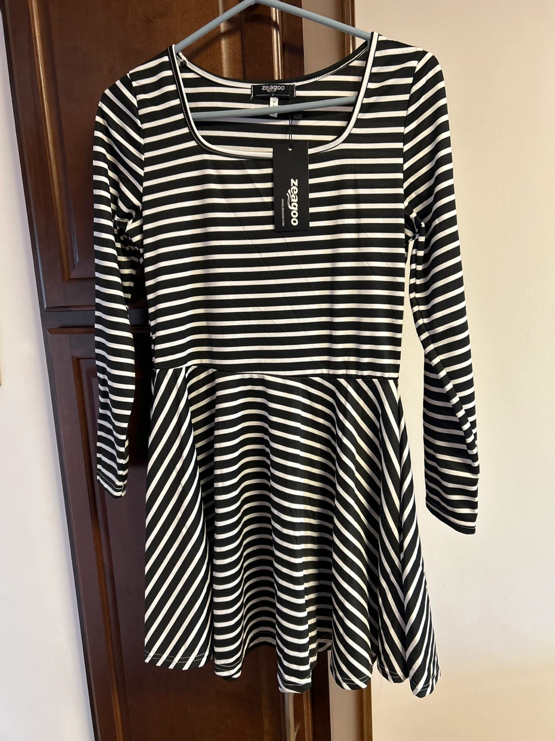 Zeagoo Black & White Striped Long Sleeve Fit and Flare Dress