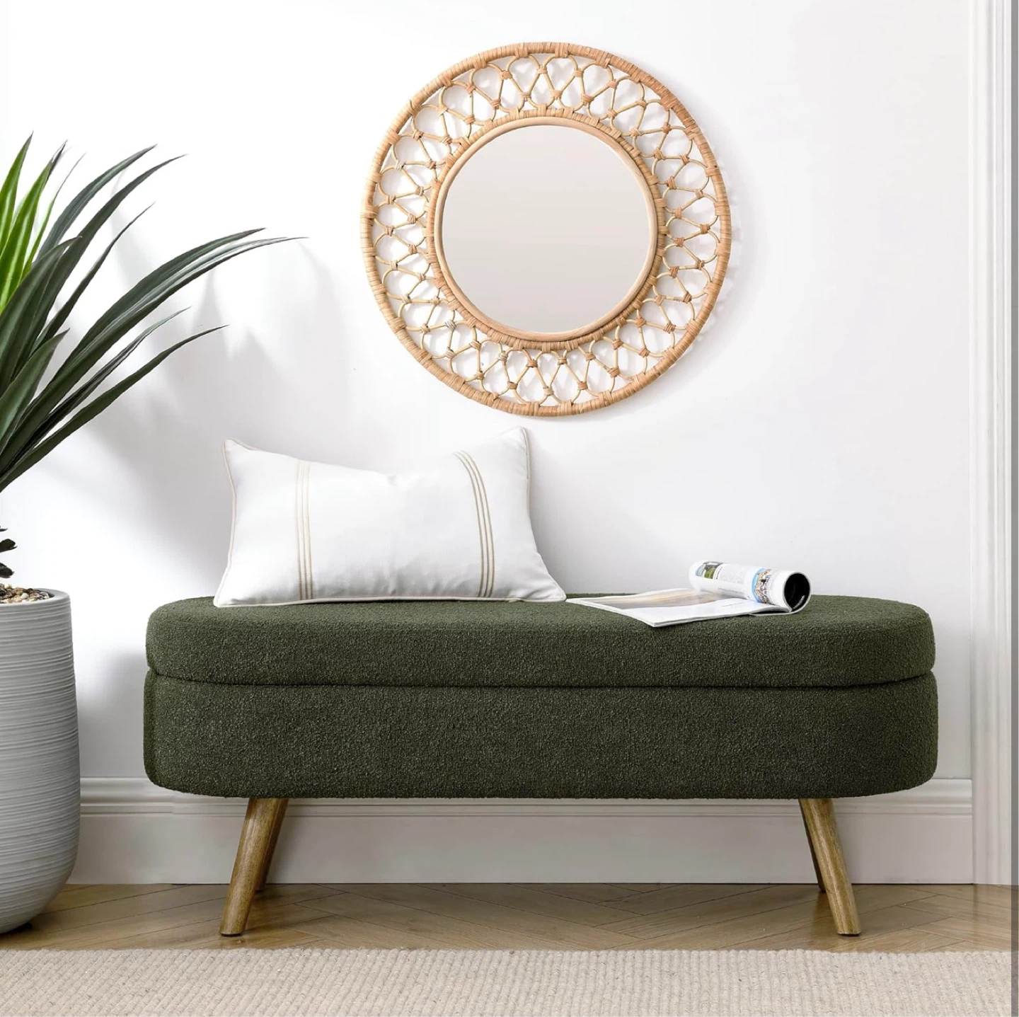 Green Upholstered Storage Bench with Wooden Legs