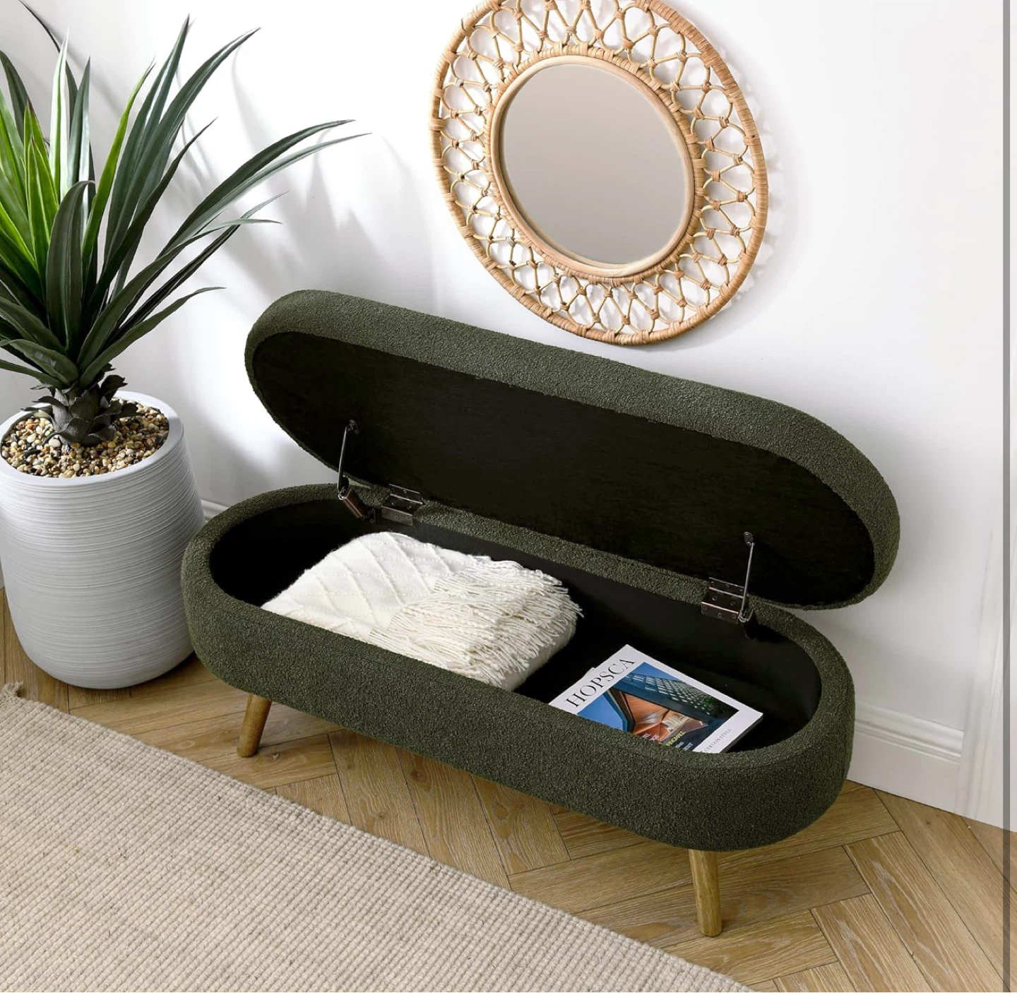 Green Upholstered Storage Bench with Wooden Legs - photo 2