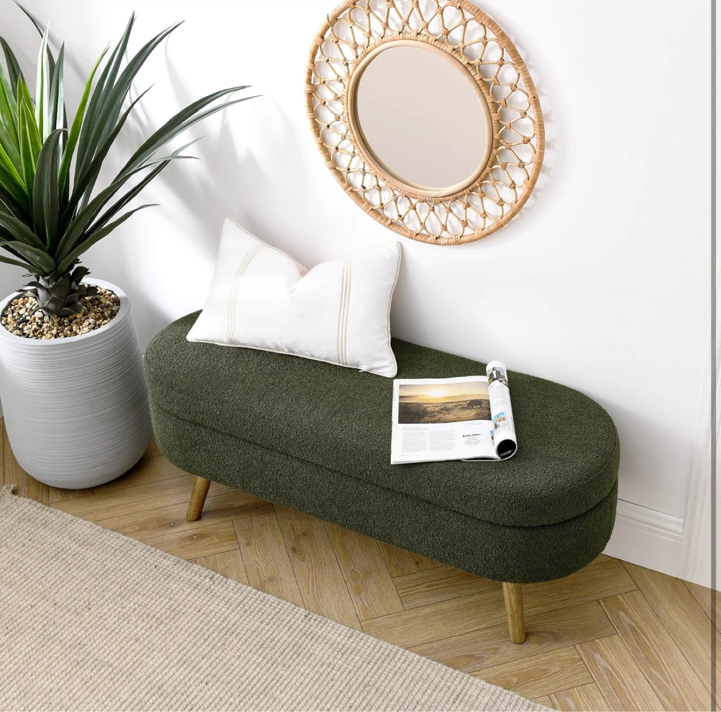 Green Upholstered Storage Bench with Wooden Legs - photo 3