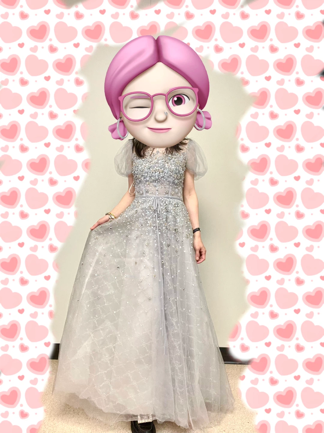 Embellished Grey Tulle Gown with Puff Sleeves