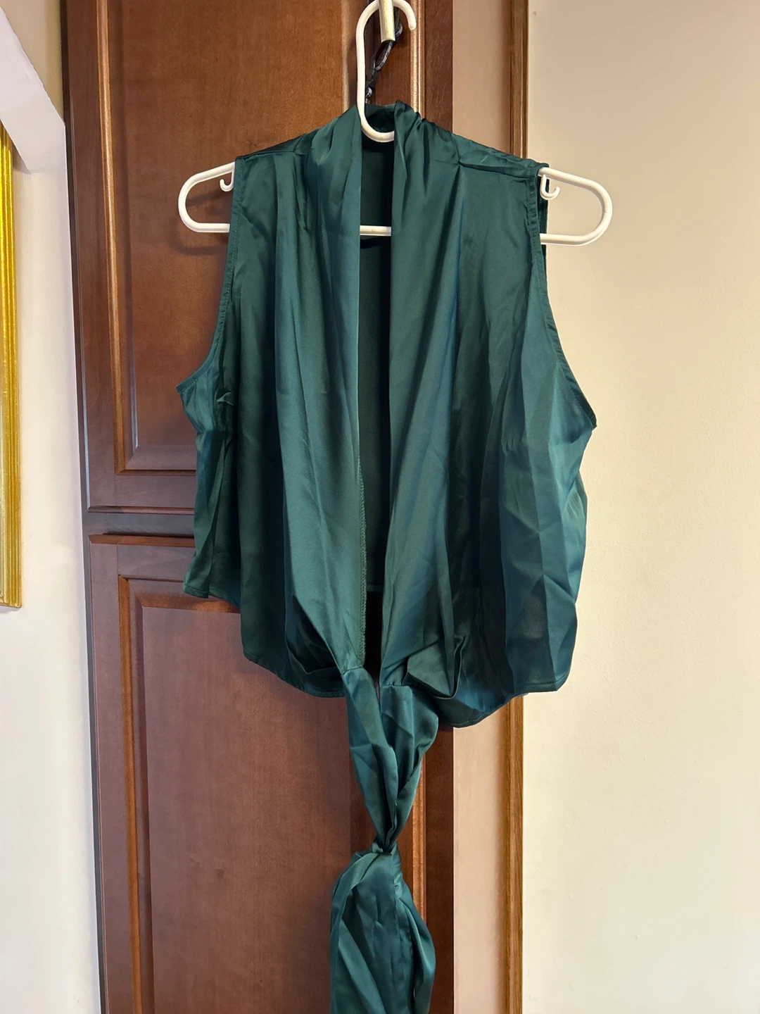 Green Satin Sleeveless Blouse with Tie - photo 3