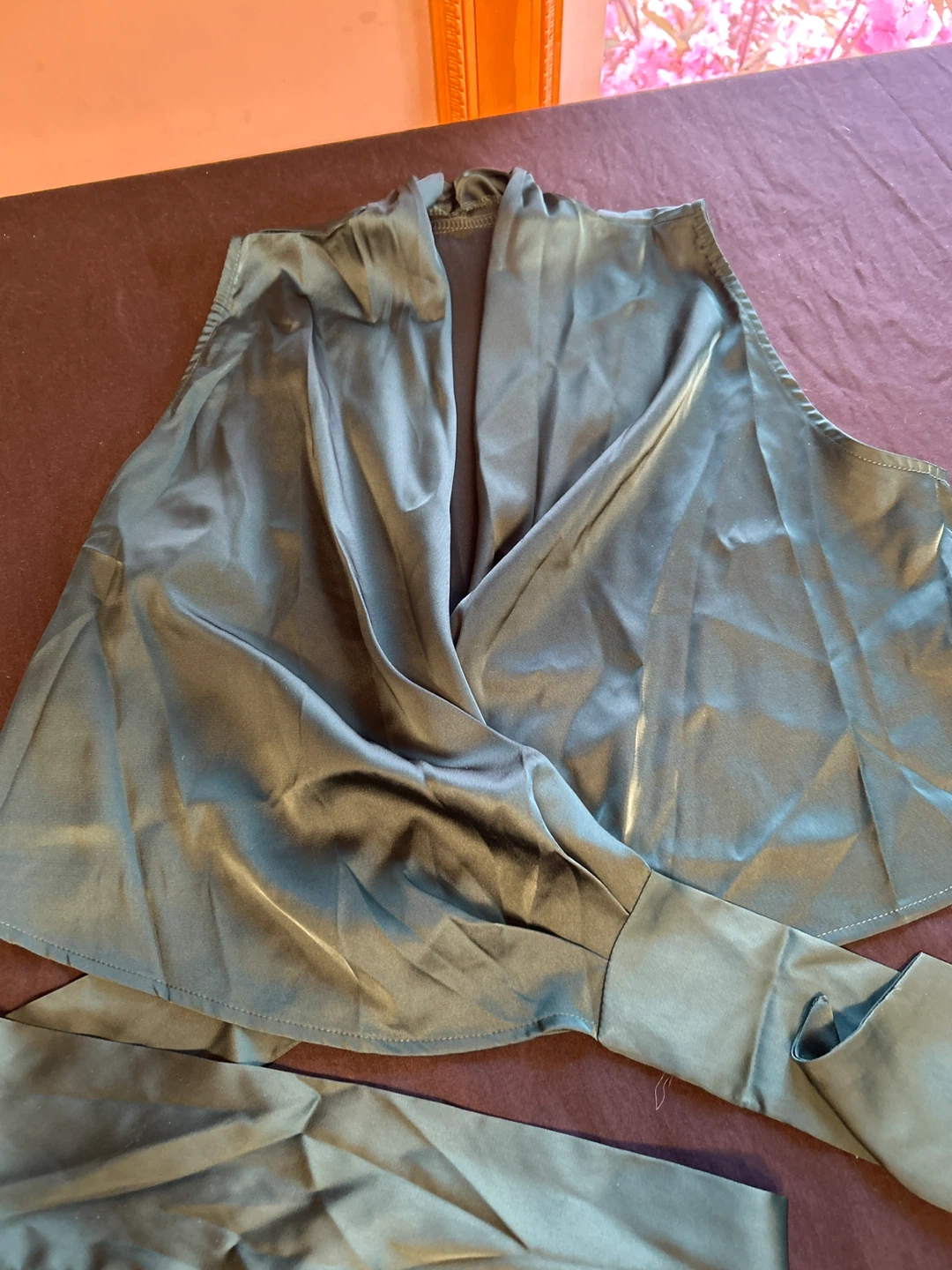 Green Satin Sleeveless Blouse with Tie