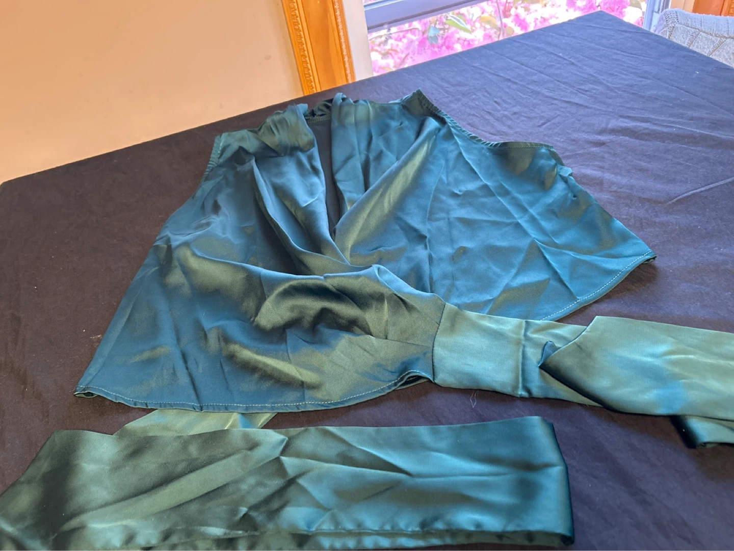 Green Satin Sleeveless Blouse with Tie - photo 2