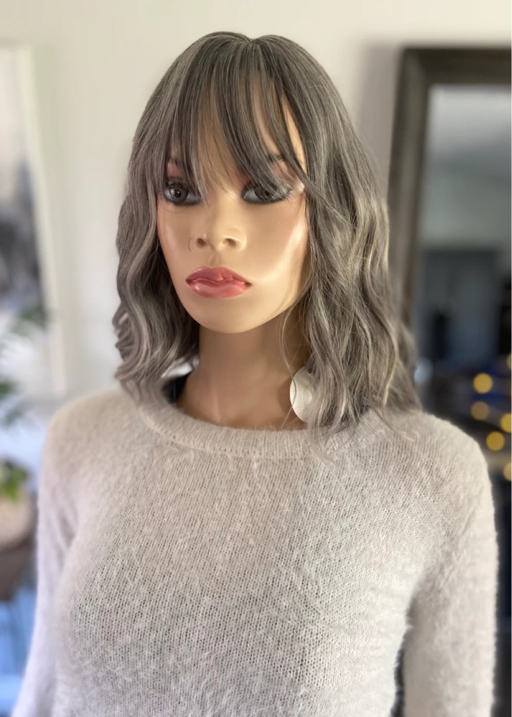 NWT: 14” Wavy Dark Grey Silver Synthetic Wig with Bangs