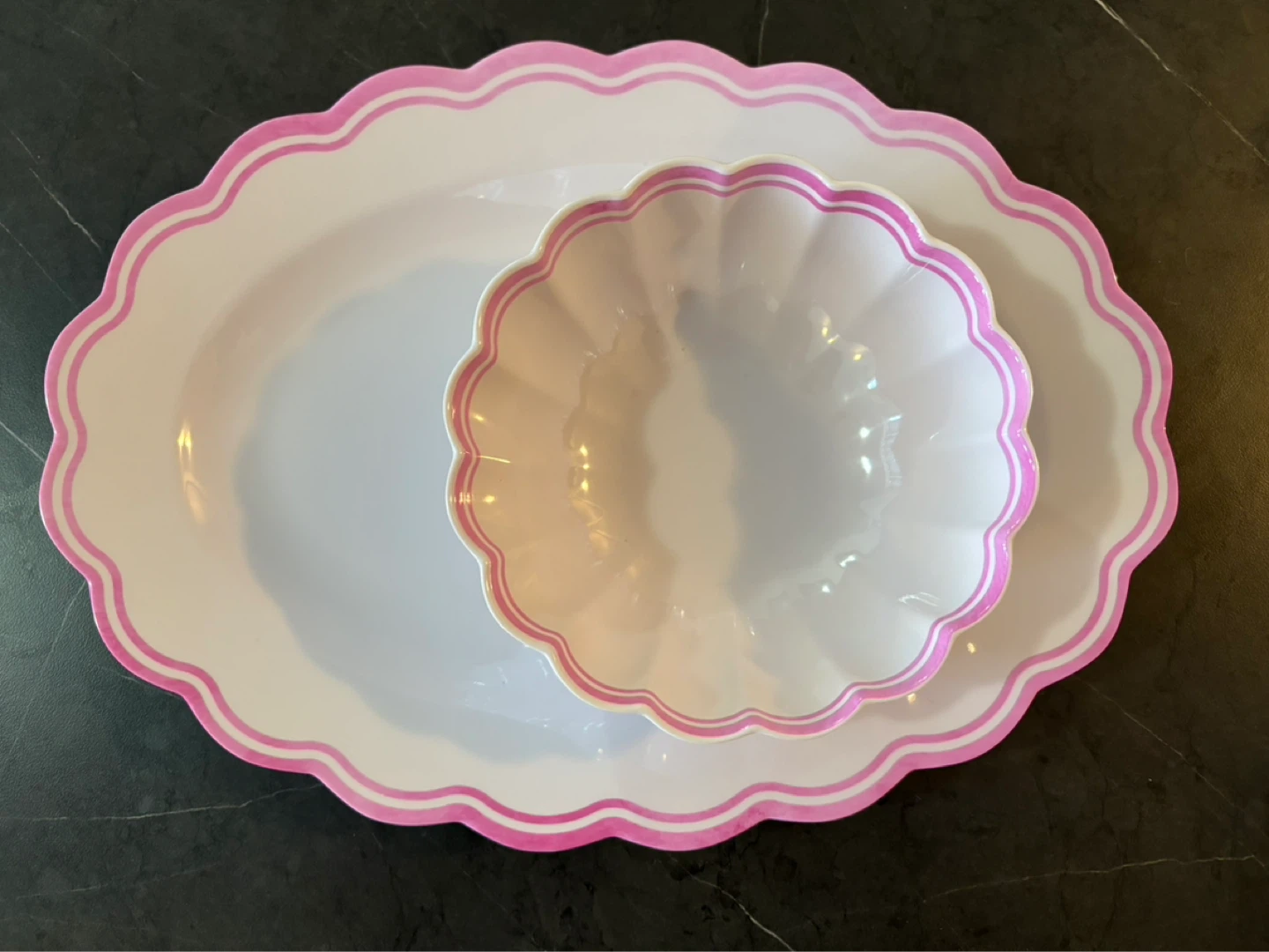 White and Pink Scalloped Serving Platter and Bowl Set