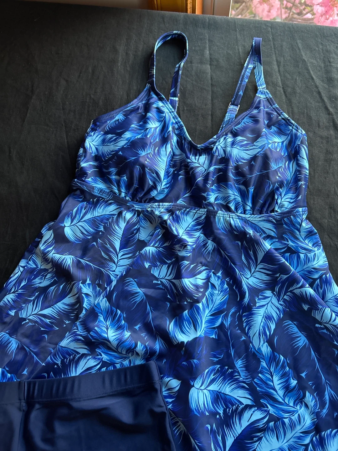 Women's Blue Leaf Print Swim Dress with Shorts - photo 2