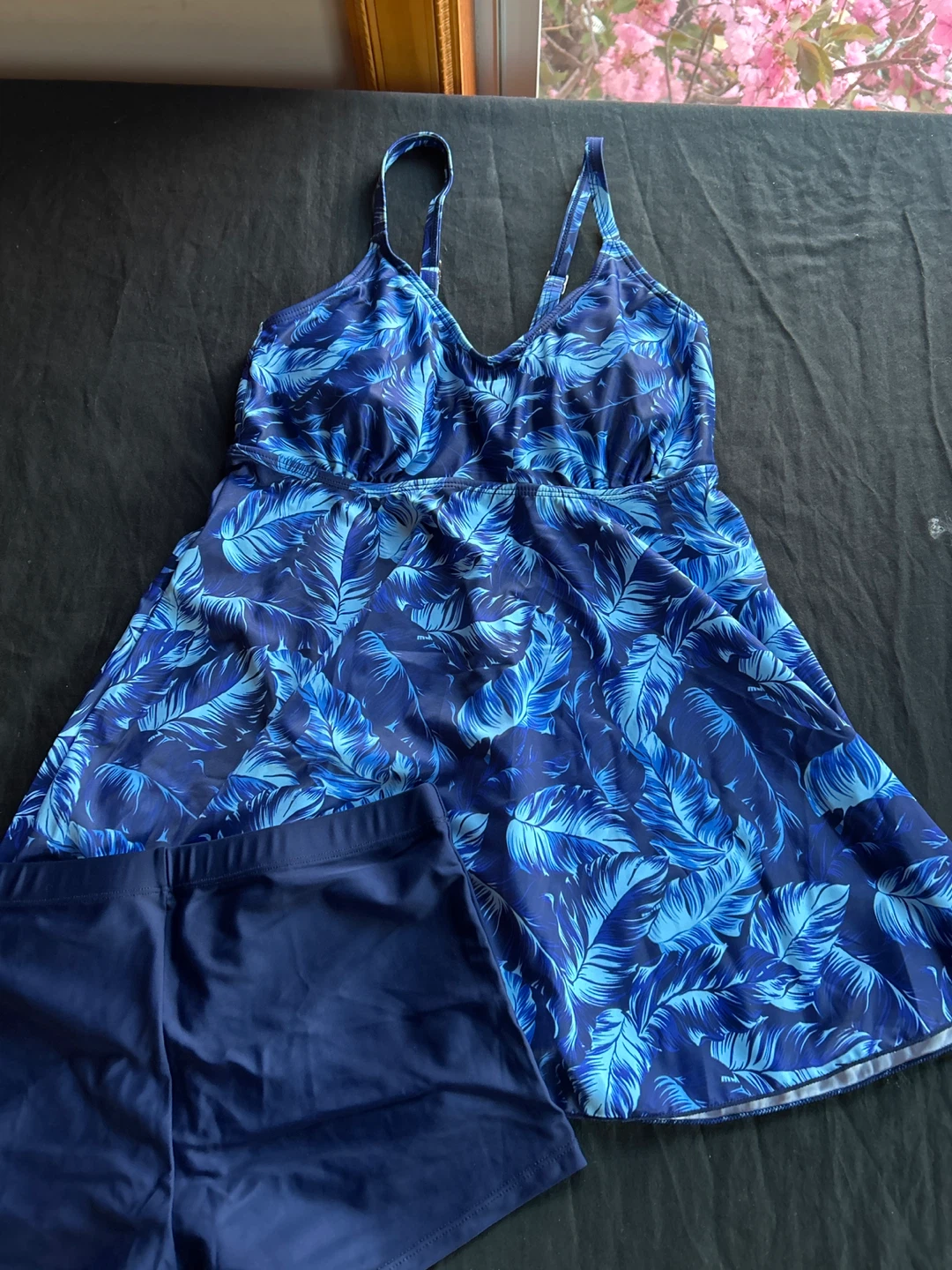 Women's Blue Leaf Print Swim Dress with Shorts